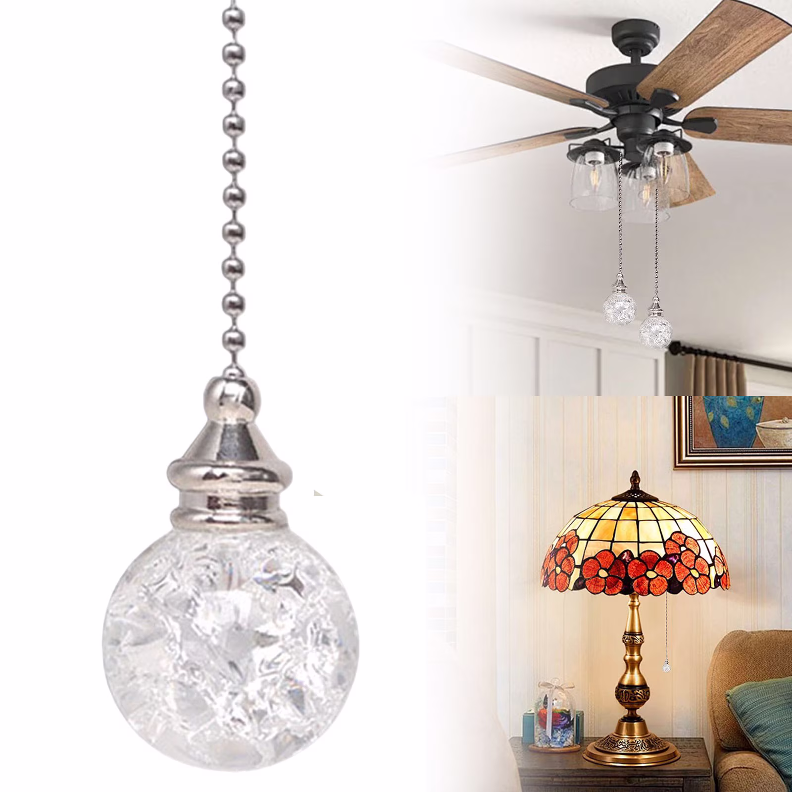HomelyJoy Crystal Ball Fan Pull Chain, Decorative Crackle Glass Pendant for Ceiling Fans and Lights, 21 Inch Beaded Extension Chain for Home Decor