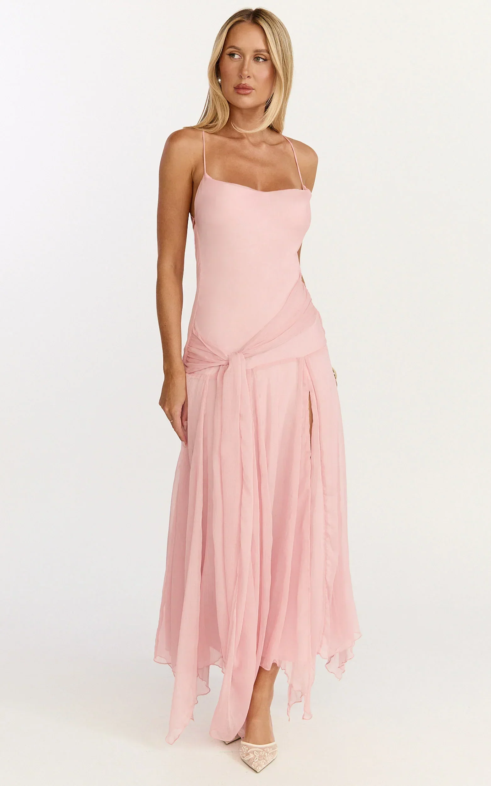Idris Maxi Dress - Cowl Neck Draped Sash Godet Dress in Soft Pink