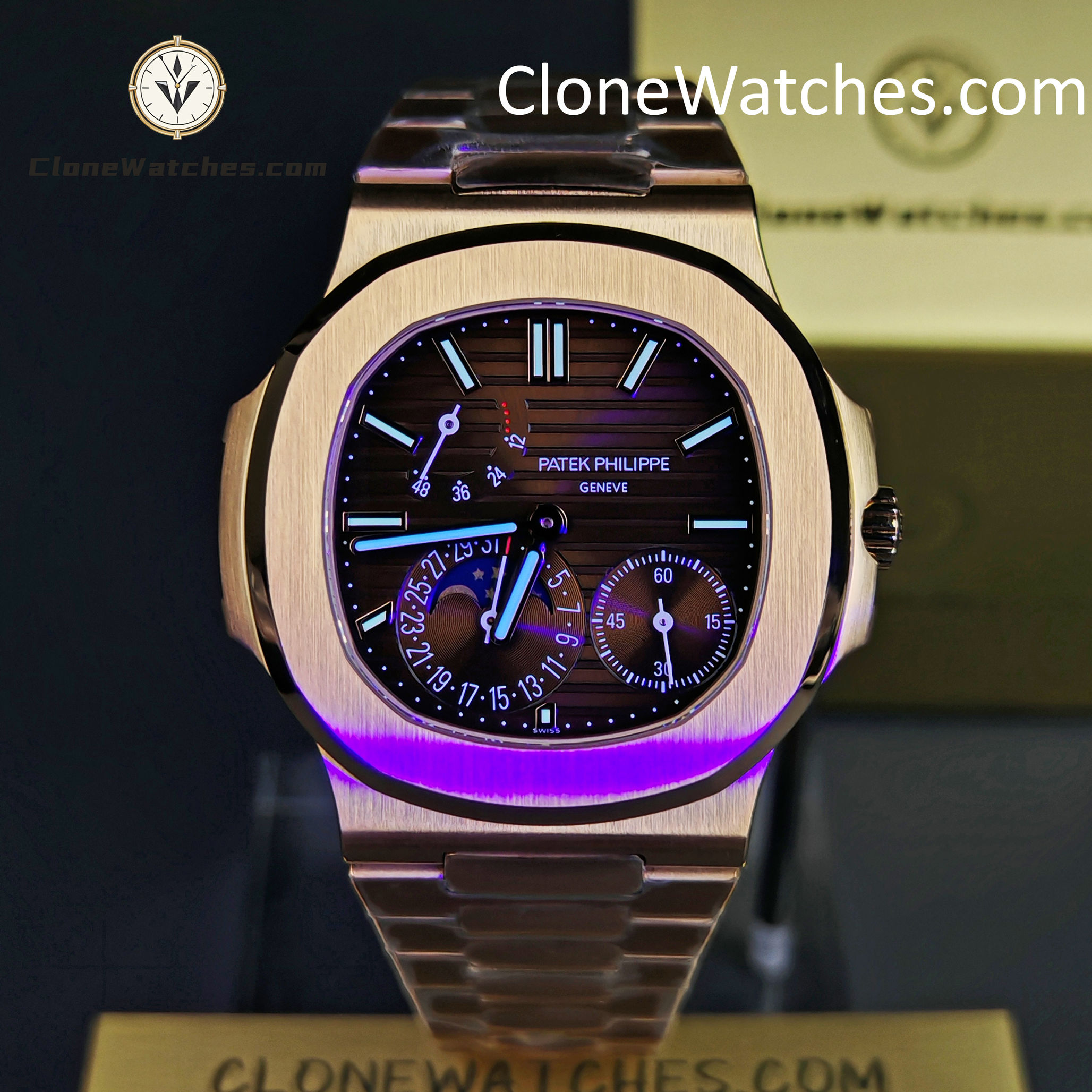 Patek Philippe Super Clone Watches 1:1 Nautilus Moon Phase 18K Rose Gold 5712 Brown Dial New Buckle