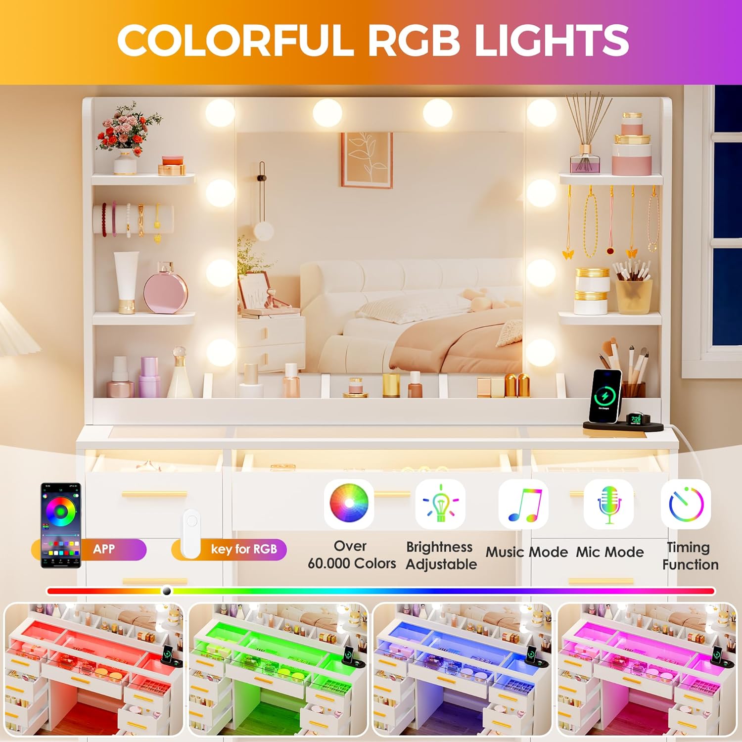 Coiffeuse miroir LED 3 couleurs plateau verre 9 tiroirs prises intégrées