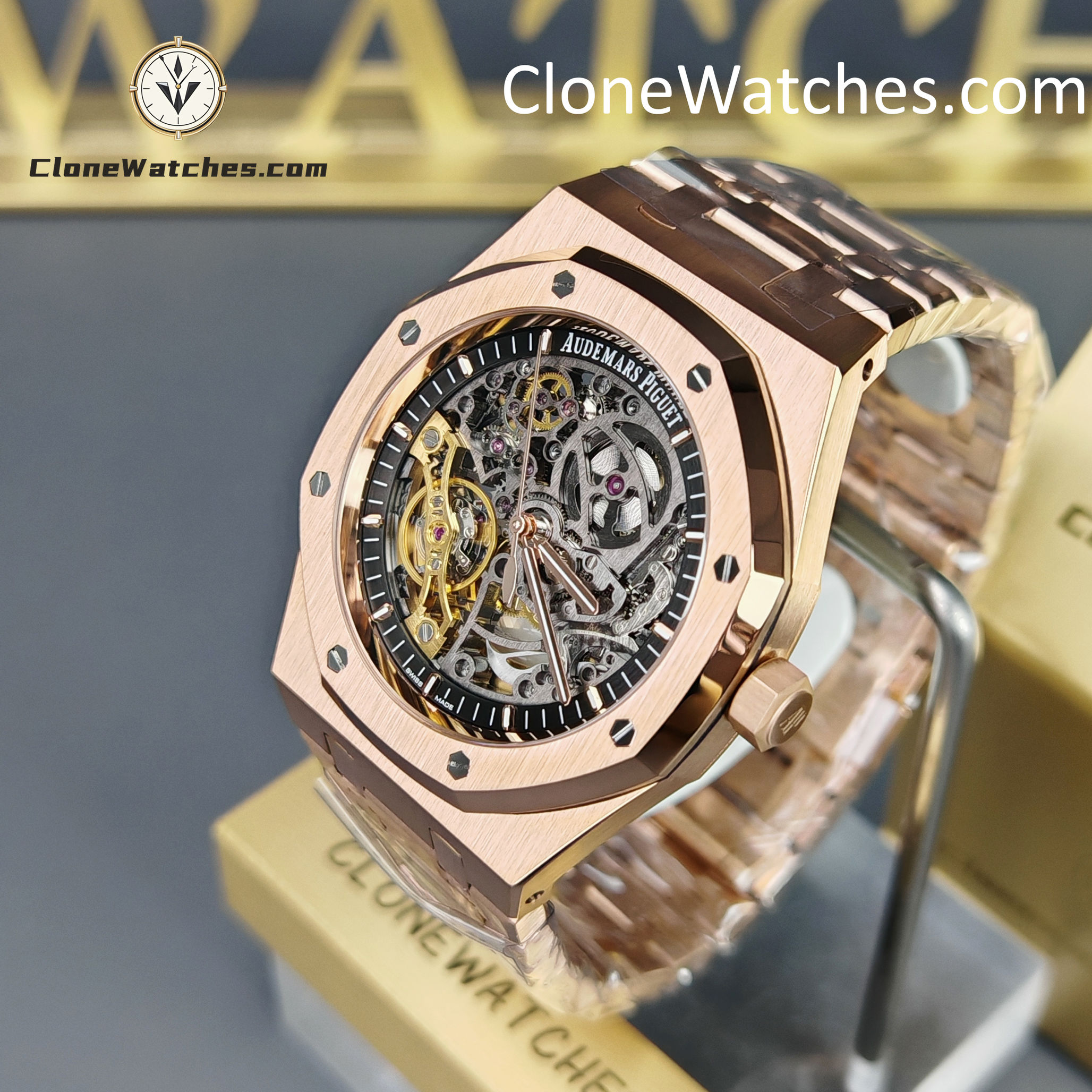 Audemars Piguet Super Clone Watches 1:1 Royal Oak Rose Gold 15407 Skeleton Dial