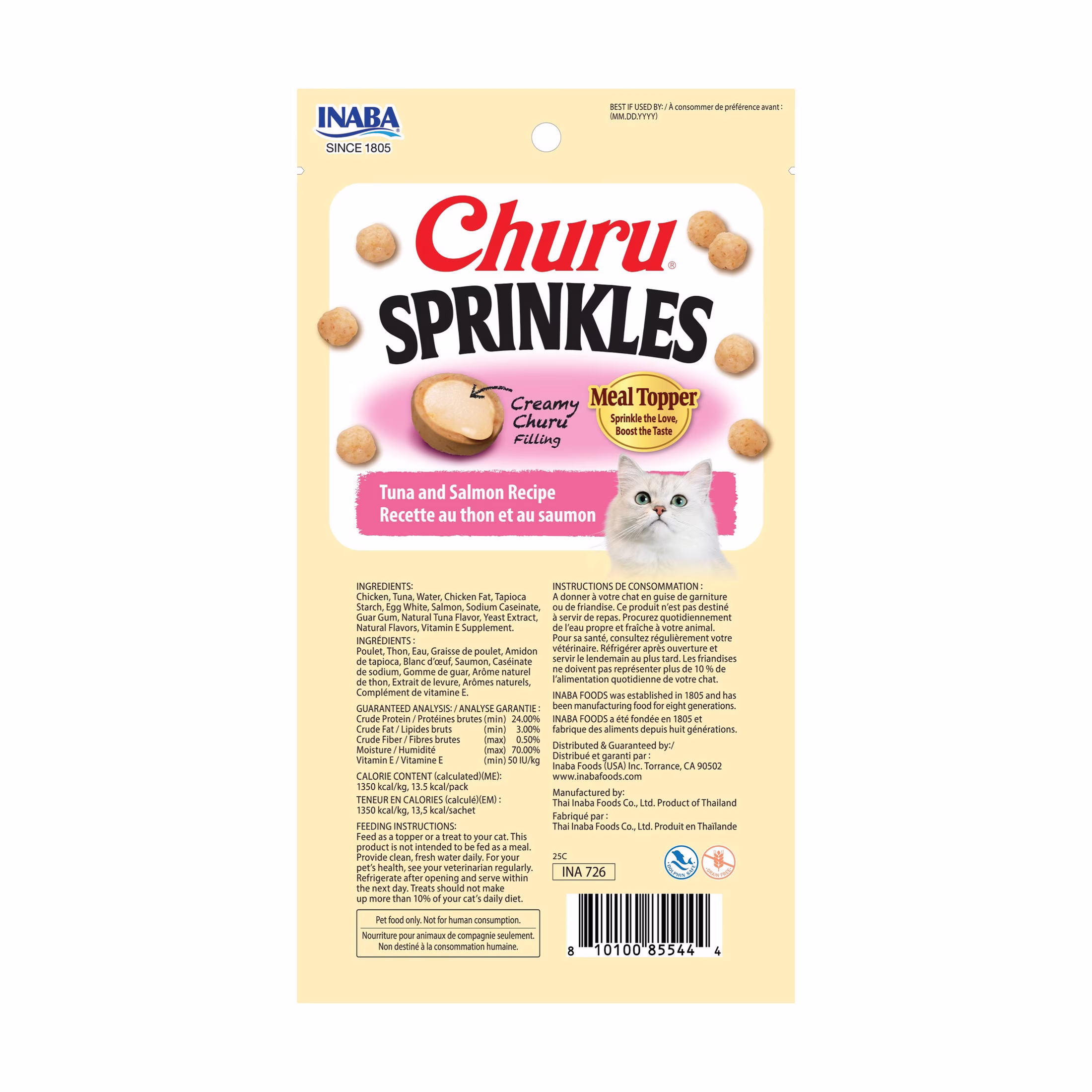 INABA Churu Sprinkles Cat Meal Topper, Soft & Chewy Baked Chicken with Taurine, Tuna & Salmon Recipe, 0.35 oz Packs, 3‑Count