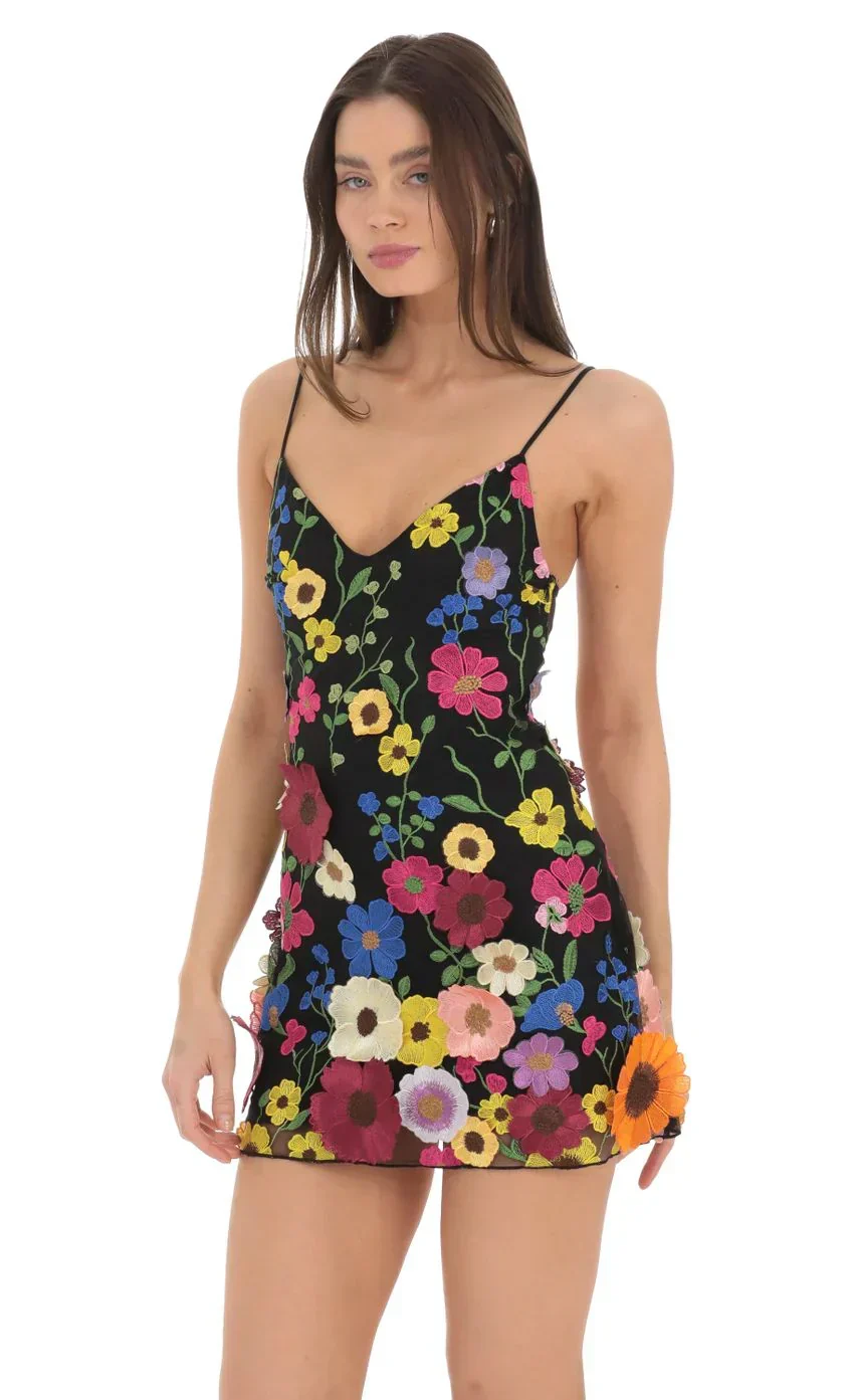 3-D Flower V-Neck Dress in Black