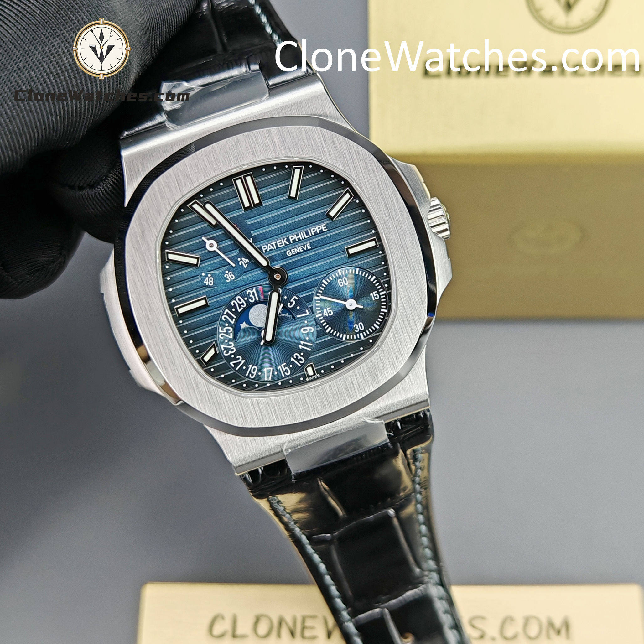 Patek Philippe Super Clone Watches 1:1 Nautilus 5712 Blue Dial Black Leather Strap