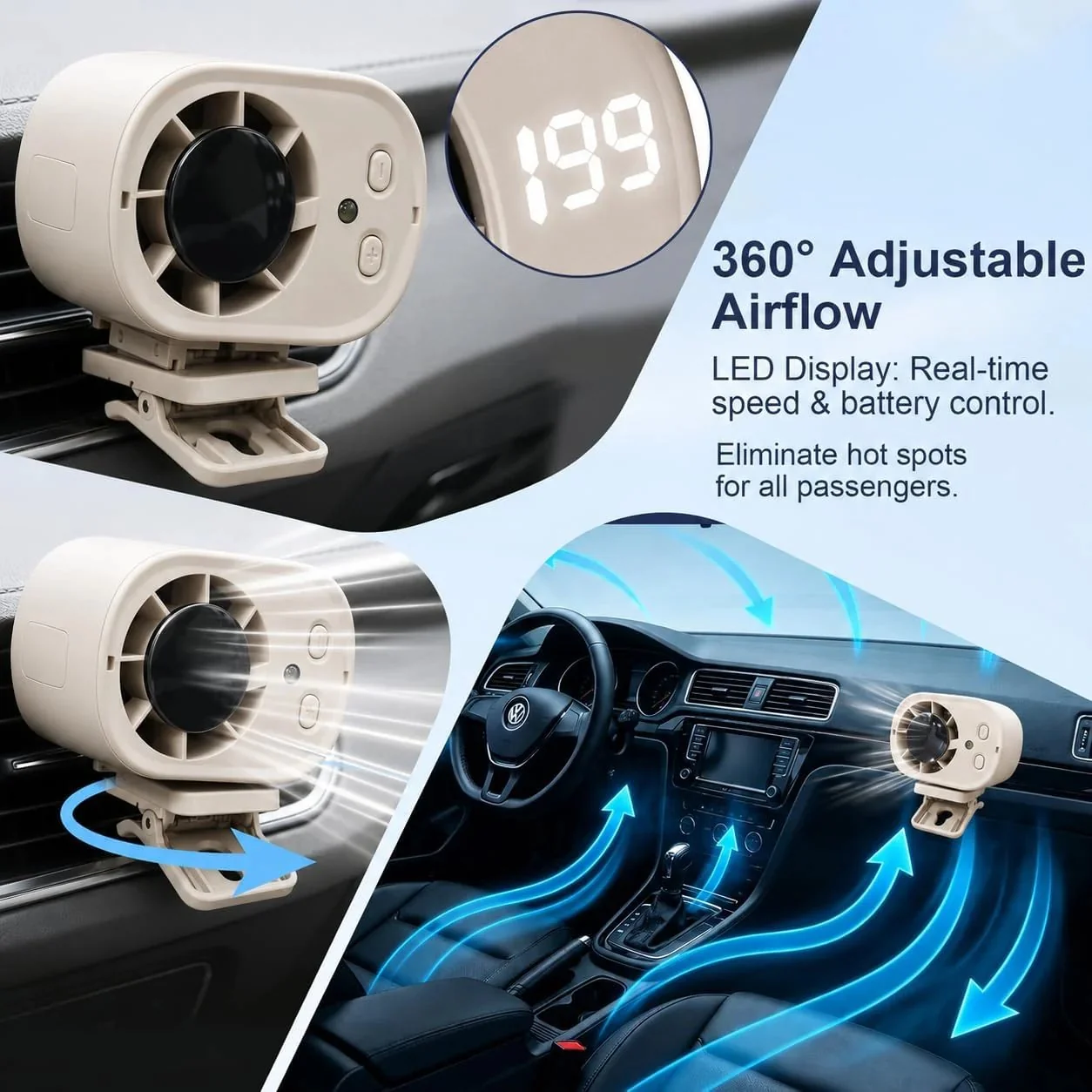 🔥2026 Semiconductor Cooling Car Clip On Fan - 360° Rotation