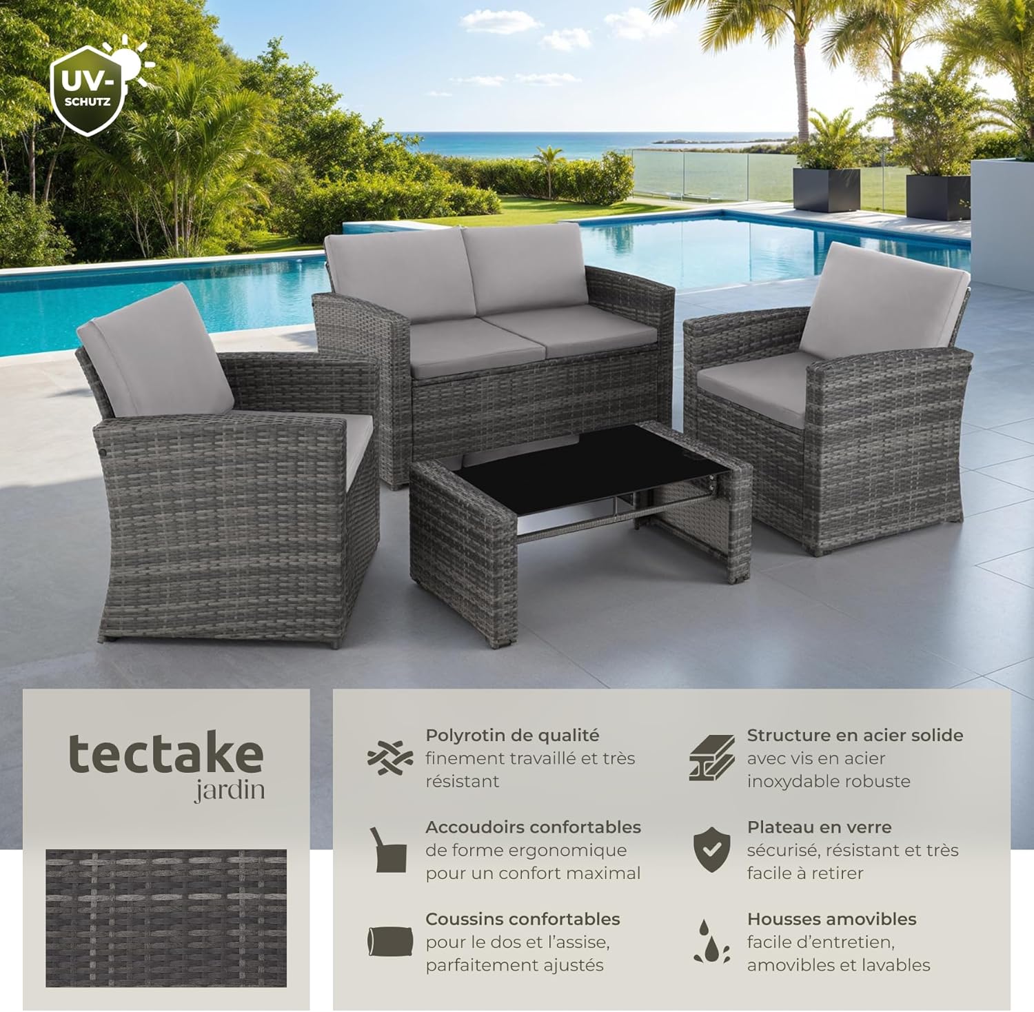 Salon jardin résine tressée 4 personnes canapé 2 fauteuils table verre coussins gris gris clair