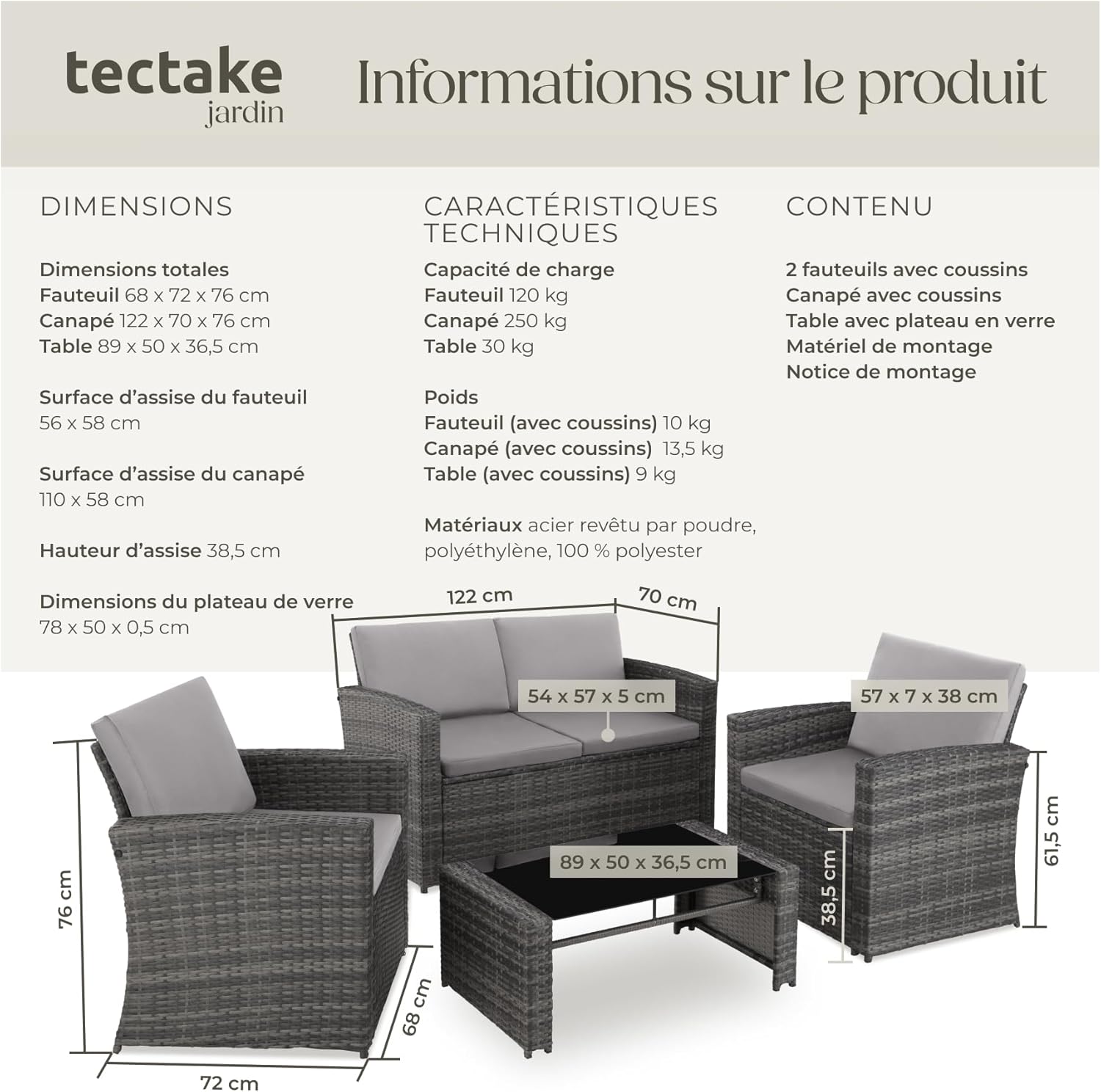 Salon jardin résine tressée 4 personnes canapé 2 fauteuils table verre coussins gris gris clair