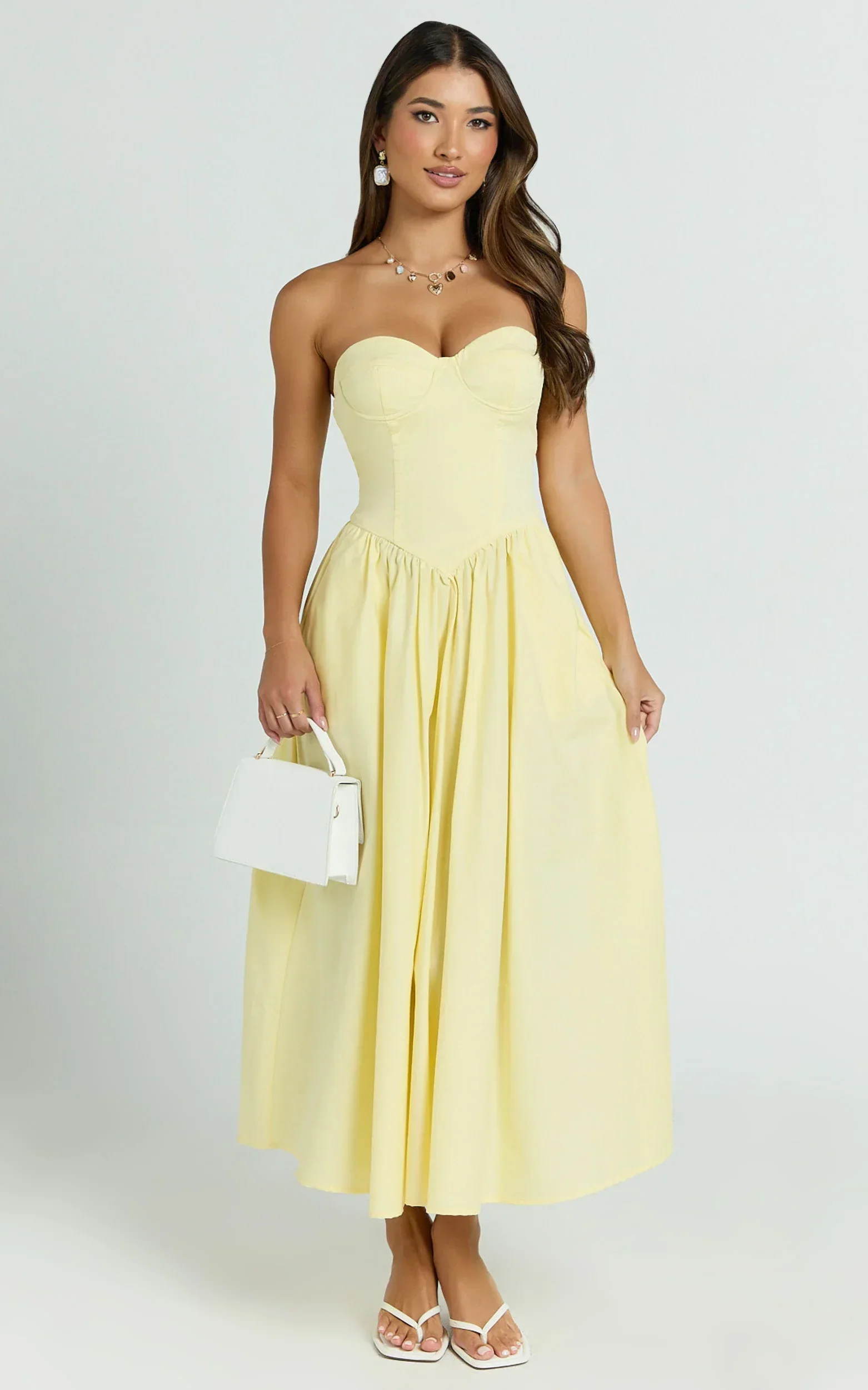 Daria Midi Dress - Strapless Corset Gathered Dress in Lemon