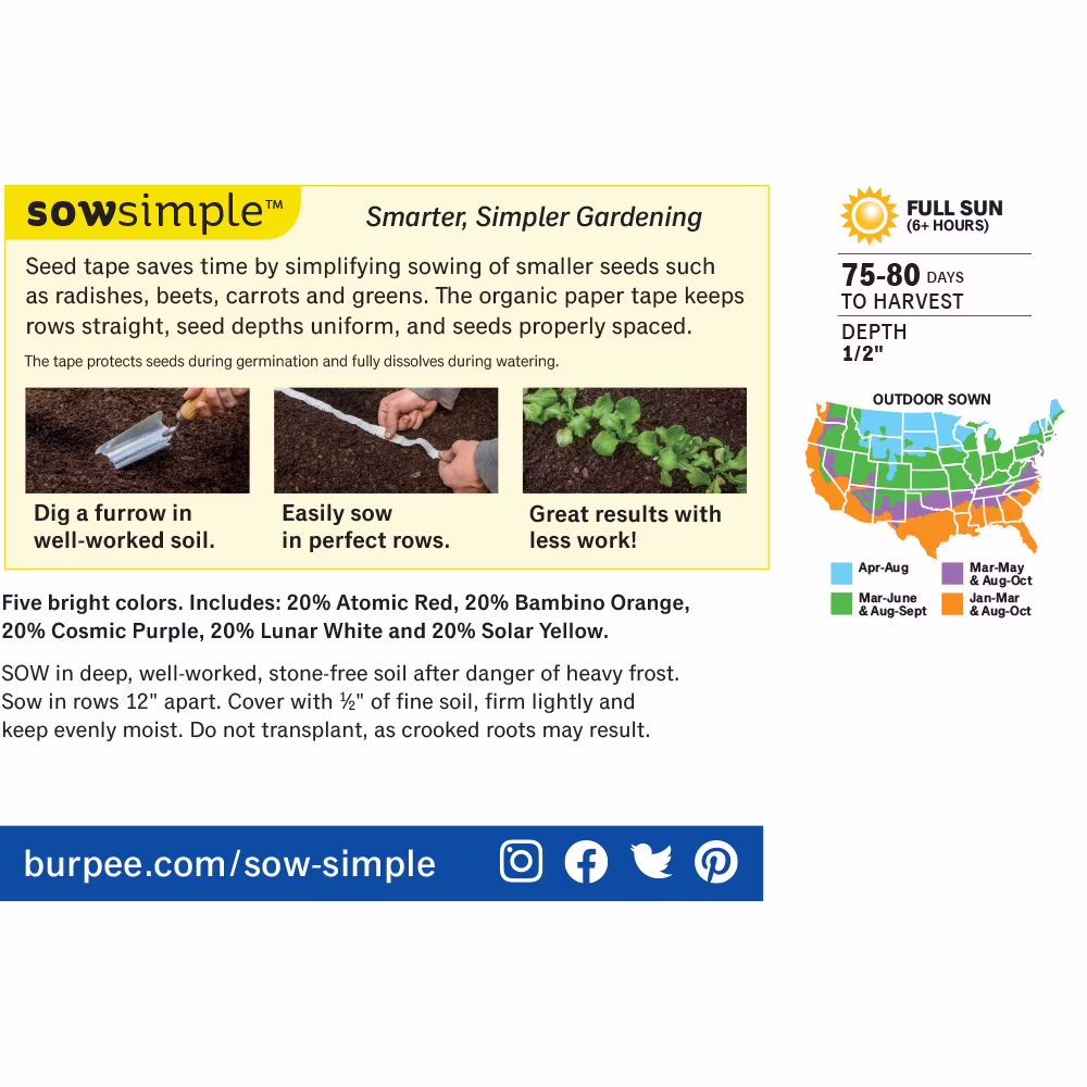 Burpee Kaleidoscope Blend Carrot Seed Tape, Annual Vegetable Carrot Seed, Full Sun