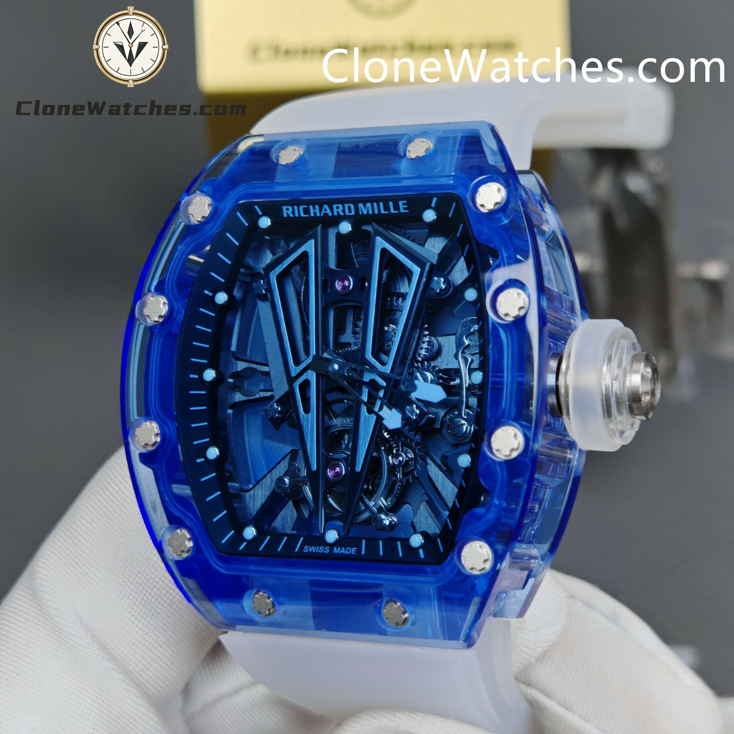 Richard Mille Super Clone Watches 1:1 RM 027 – 03 Blue Crystal Full Transparent Tourbillon White Strap