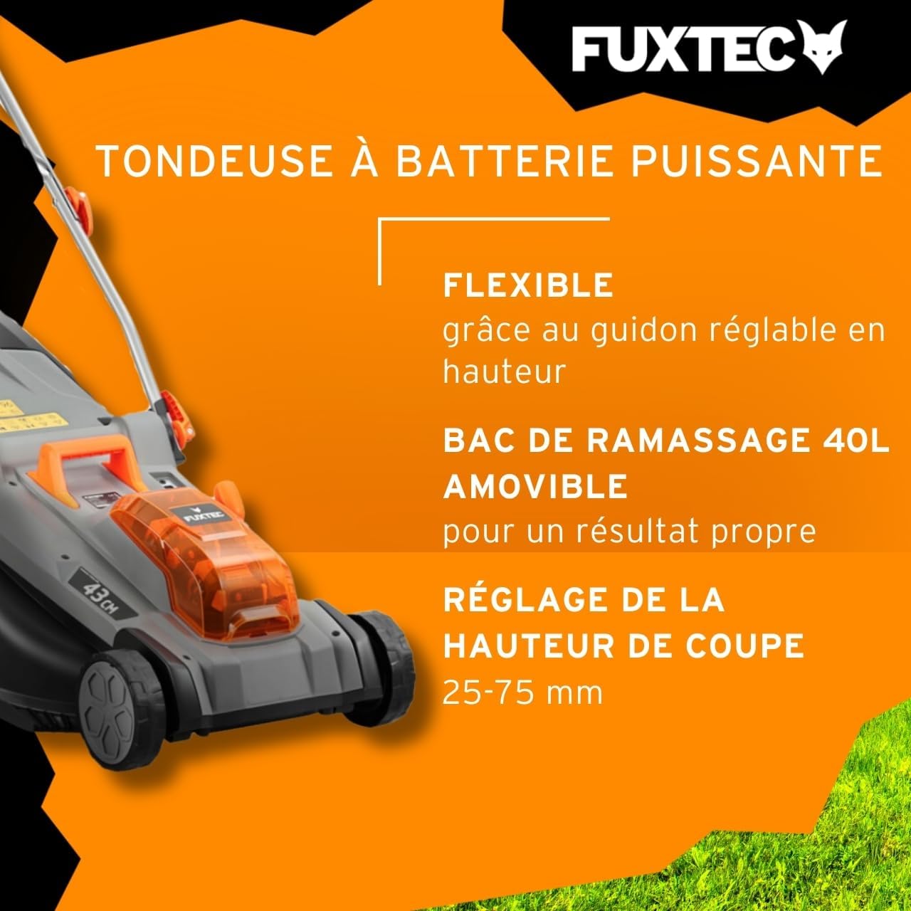 Tondeuse gazon sans fil 40 V 43 cm 40 L hauteur réglable avec batteries et chargeur