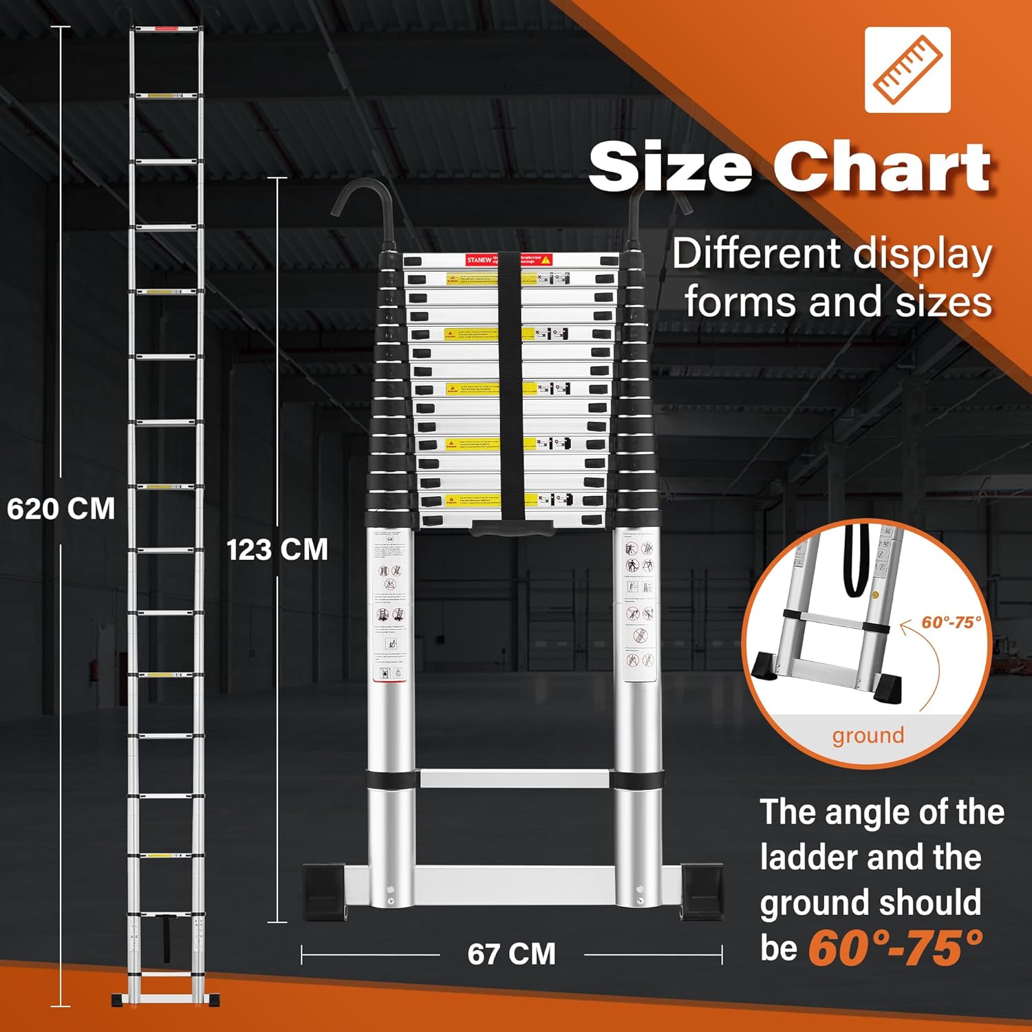 Échelle télescopique 6,2 m aluminium barre stabilisatrice crochet amovible