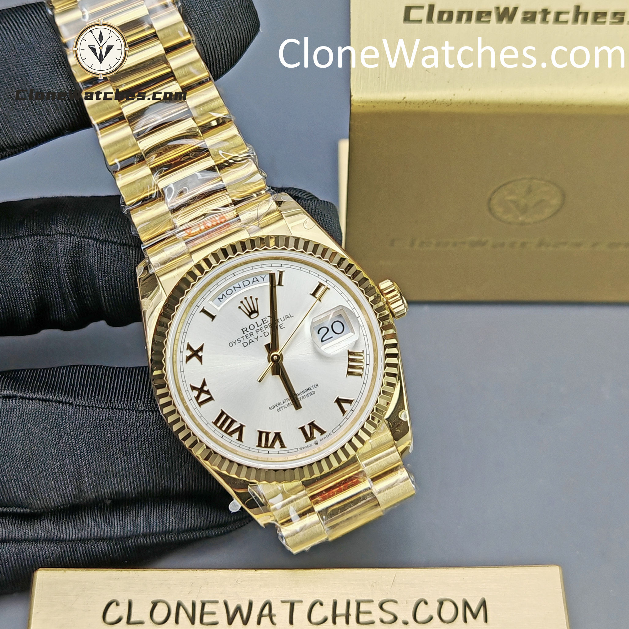 Rolex Super Clone Watches 1:1 Day Date 18K Gold White Dial 36mm m128238-0076 3255 Movement