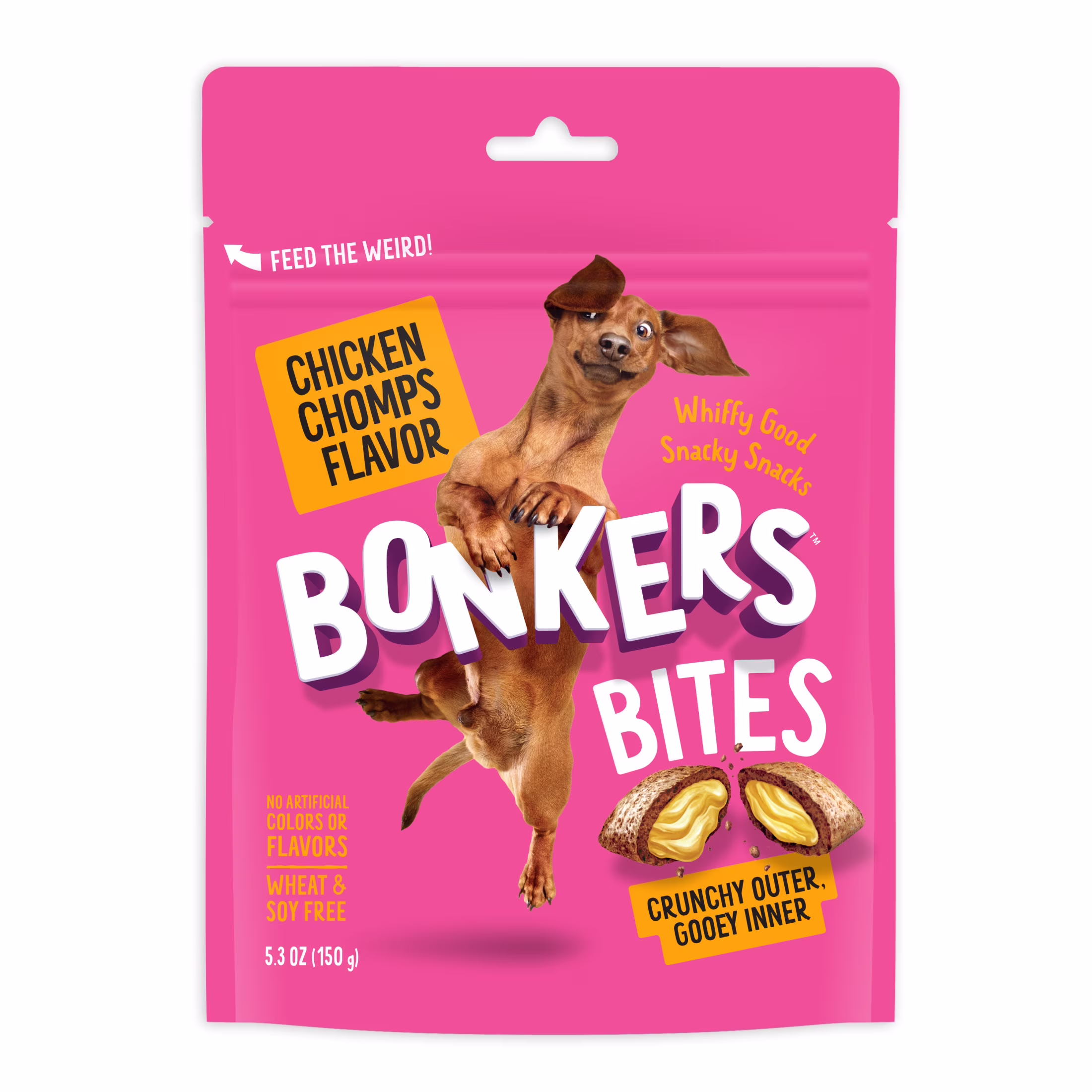 (4 pack) BONKERS Bites Chicken Chomps Flavor Crunchy & Soft Treats for Dogs, 5.3oz Bag