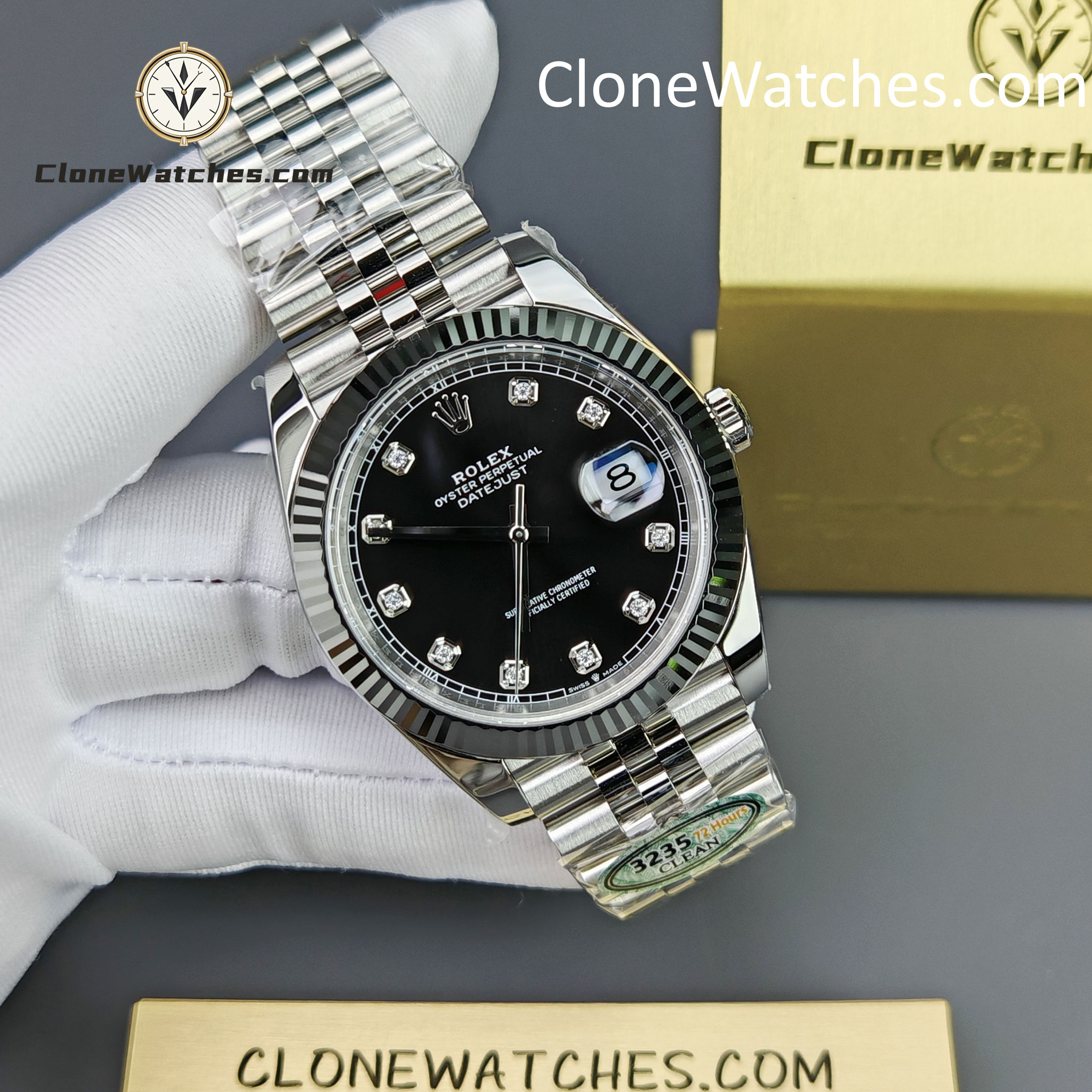 Rolex Super Clone Watches 1:1 DateJust Black Diamond Dial Jubilee 41MM m126334-0012 3235 Movement
