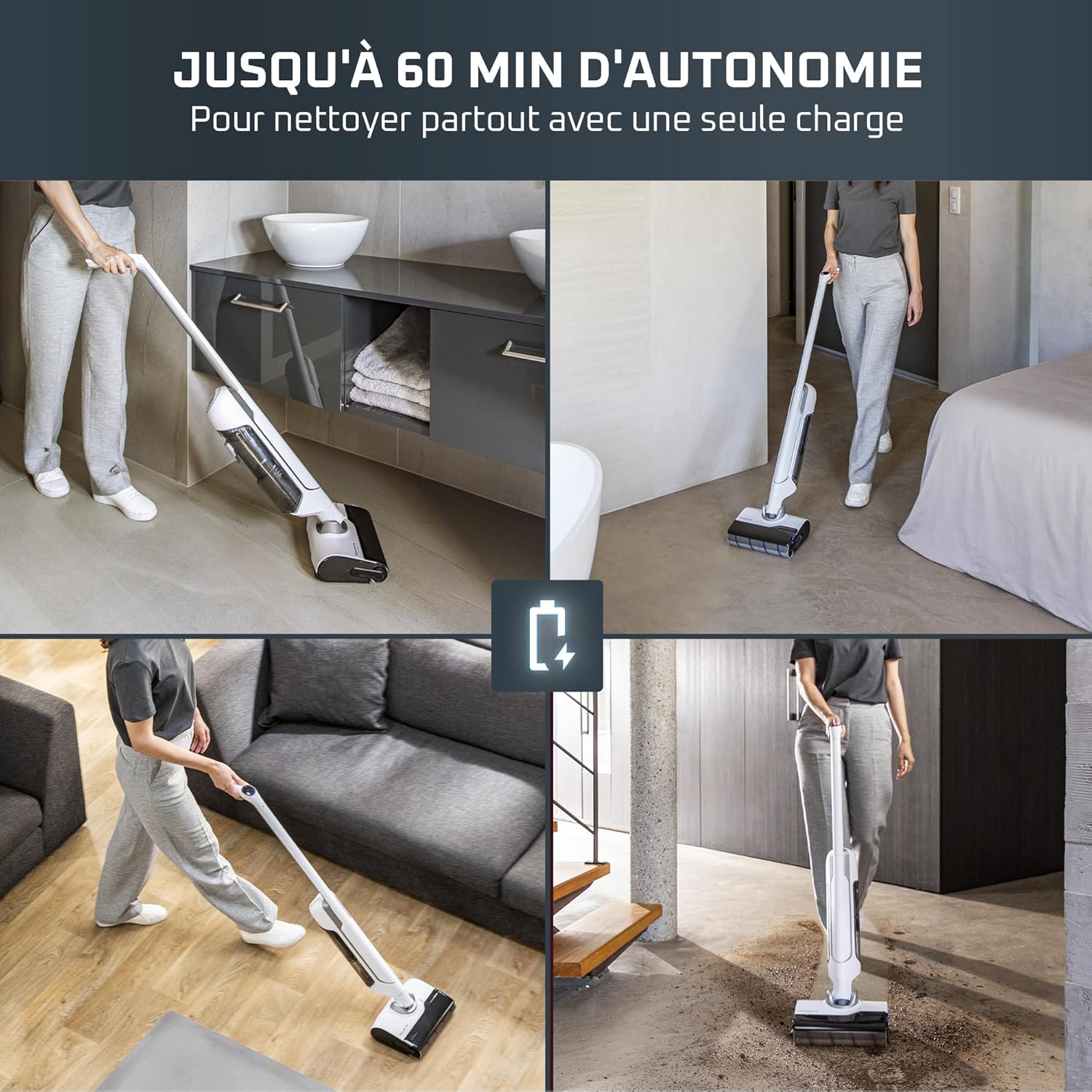 Aspirateur laveur X Clean 10 inclinable 180° auto nettoyage séchage 65°C 60 min tâches tenaces poils animaux blanc