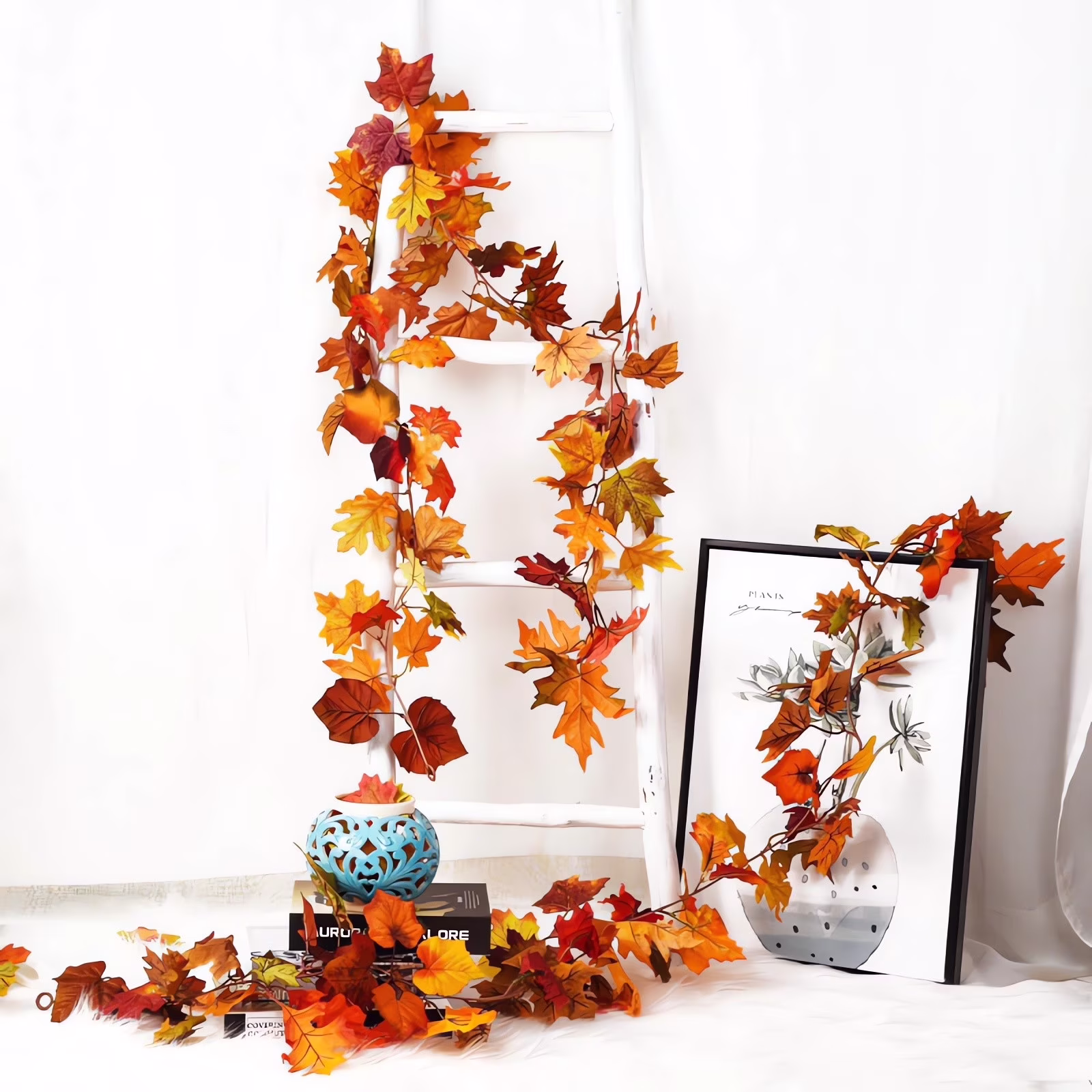 Hvmvliv Fall Garland Simulation Maple Leaf Rattan Decorations Door and Window Fall Thanksgiving Decoration Orange (78.74in)