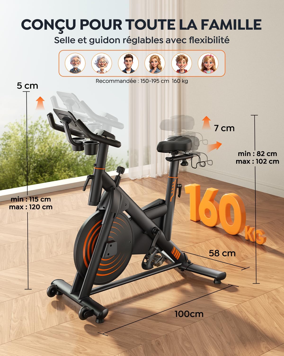 Vélo appartement connecté résistance magnétique volant 15 kg capacité 160 kg