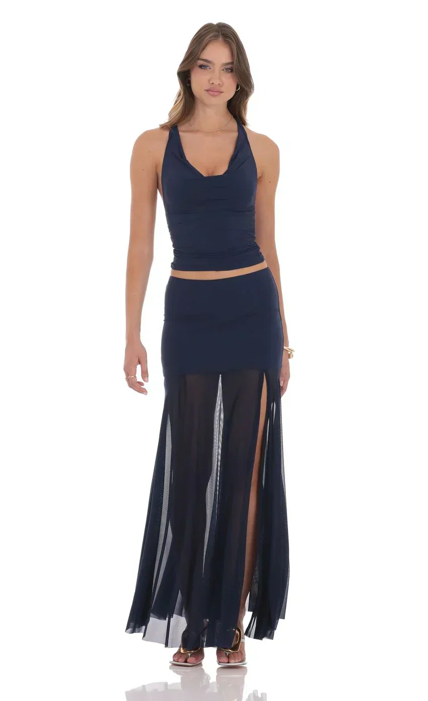 Cowl Neck Halter Top in Navy