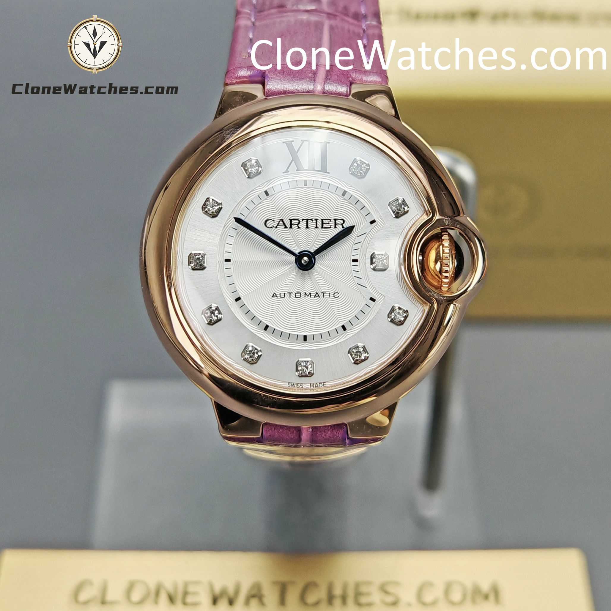 Cartier Super Clone Watches 1:1 Ballon Bleu de WE902040 Silver Dial Diamond Scale 33mm Leather Strap