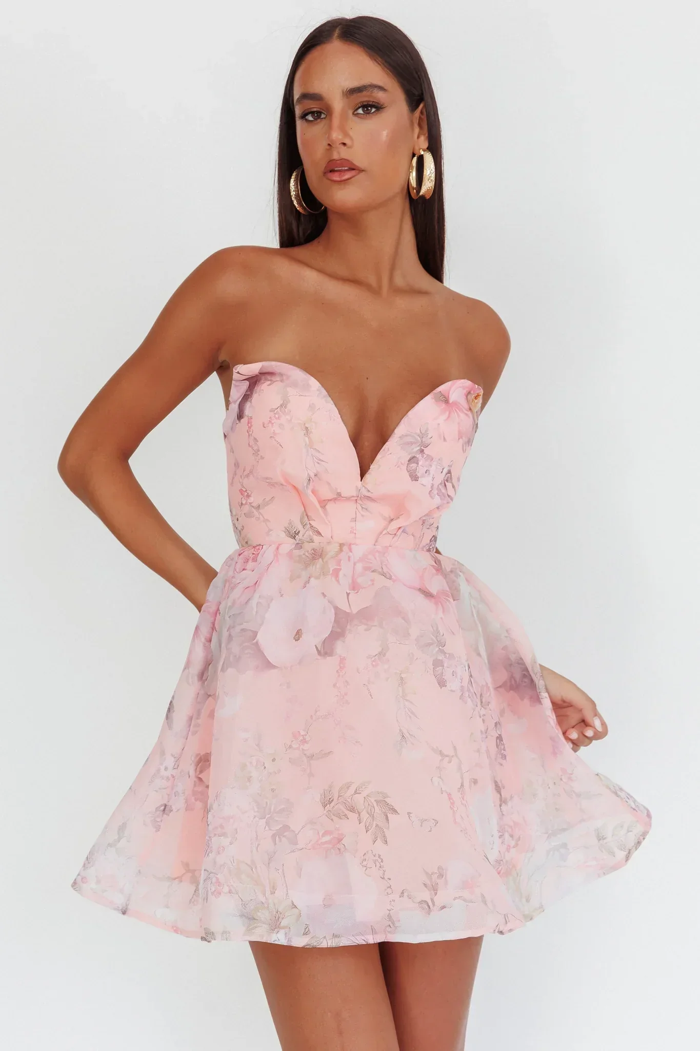 Gem Deep Sweetheart Neckline Mini Dress Floral Pink