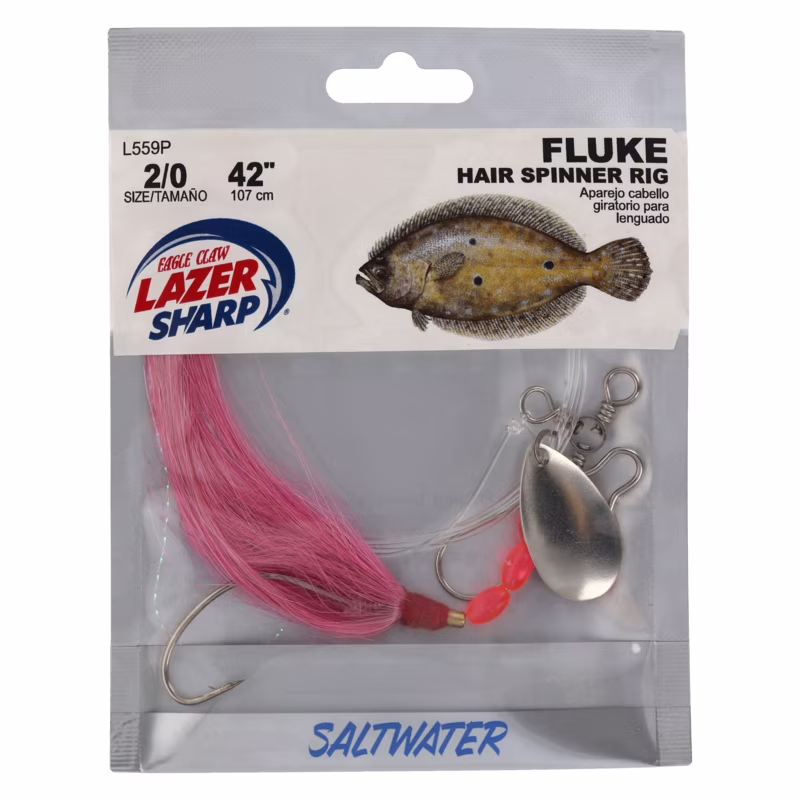 Lazer Sharp Fluke Spinner Hair Rigs – Mono 1 Hook Rig 42”” - Kahle Hooks-Size 2/0-Nickel – Nickle Spinner Blade – Hair Skirt-Pink - 3-Way Swivel – Dual Lock Snap – Fluorescent Beads – 1 pack