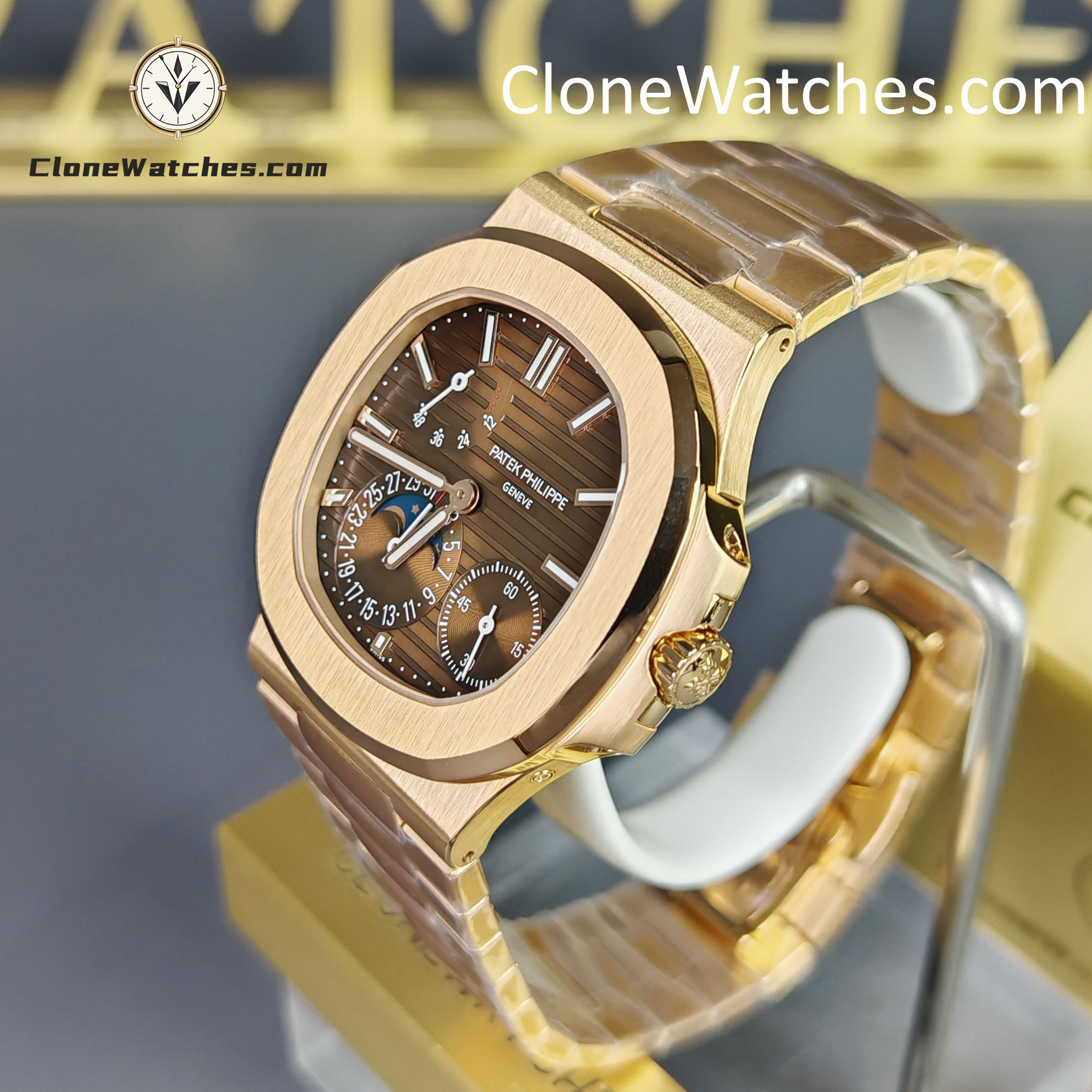 Patek Philippe Super Clone Watches 1:1 Nautilus Moon Phase 18K Rose Gold 5712 Brown Dial New Buckle