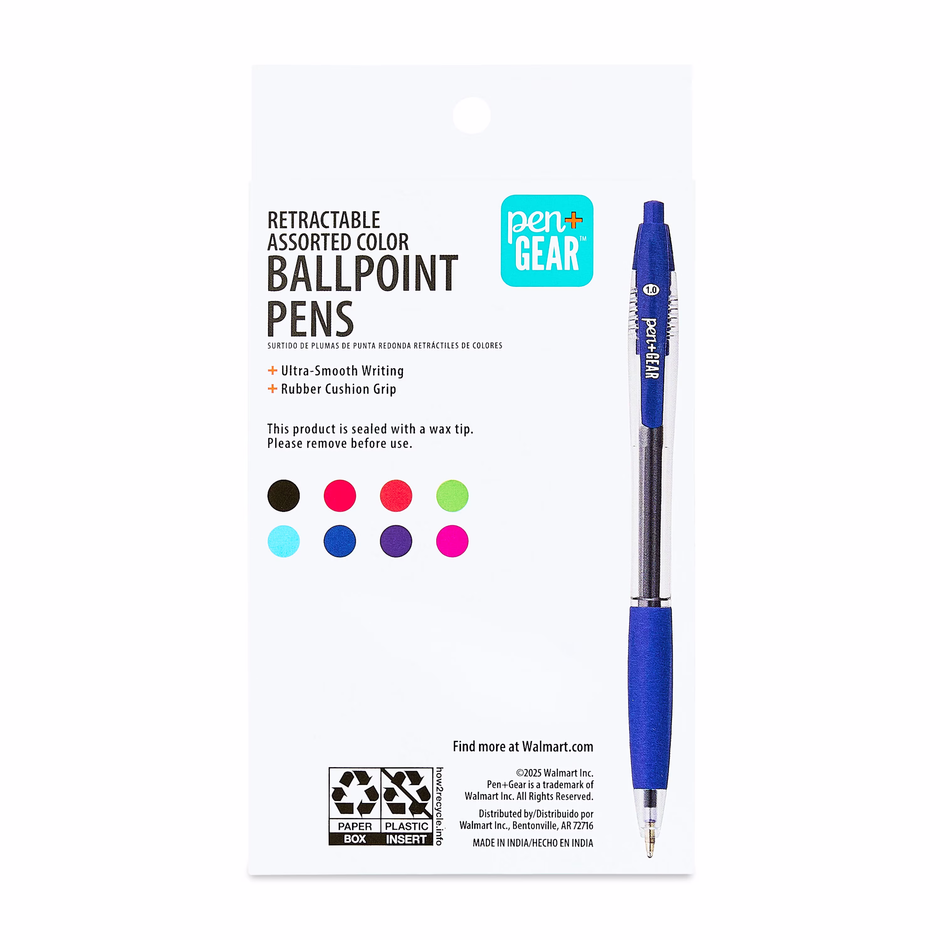 Pen+Gear Retractable Ballpoint Pens, Medium Point, 1.0 mm, 8 Count, Assorted Colors