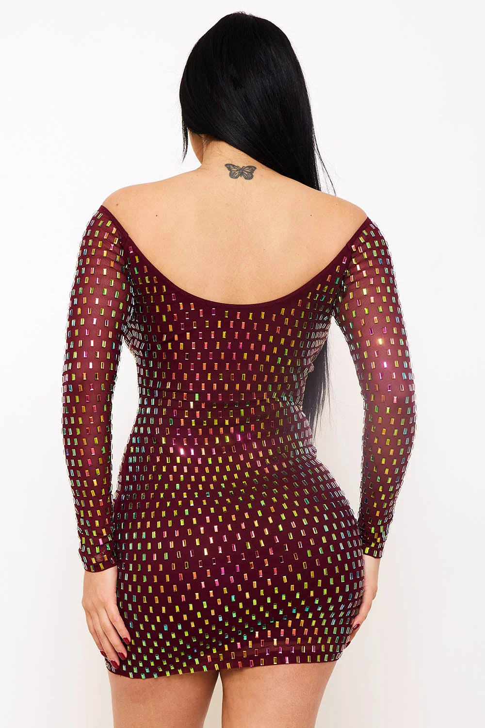 Symphony Dress - Rhinestone On Power Mesh Off The Shoulder Mini Dress