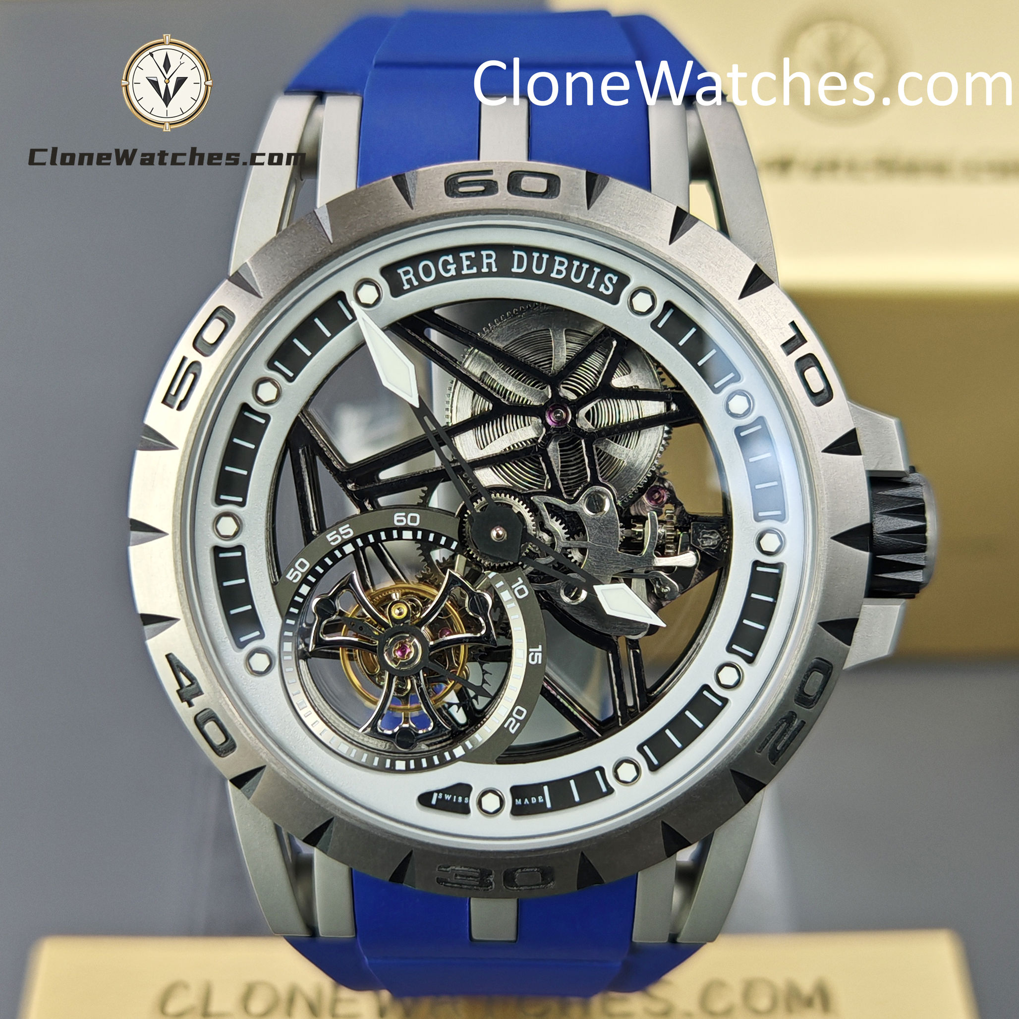 Roger Dubuis Super Clone Watches 1:1 Excalibur Skeleton Tourbillon RDDBEX0479 45MM Blue Strap