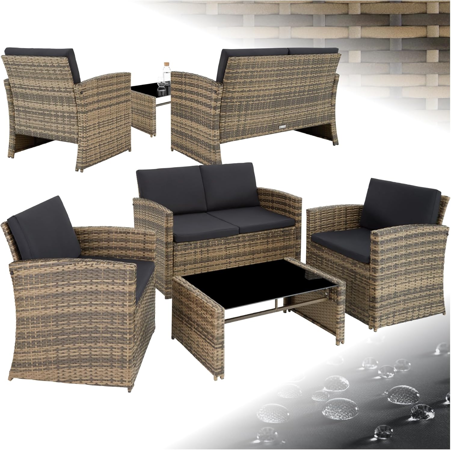 Salon jardin résine tressée 4 places table canapé fauteuils coussins