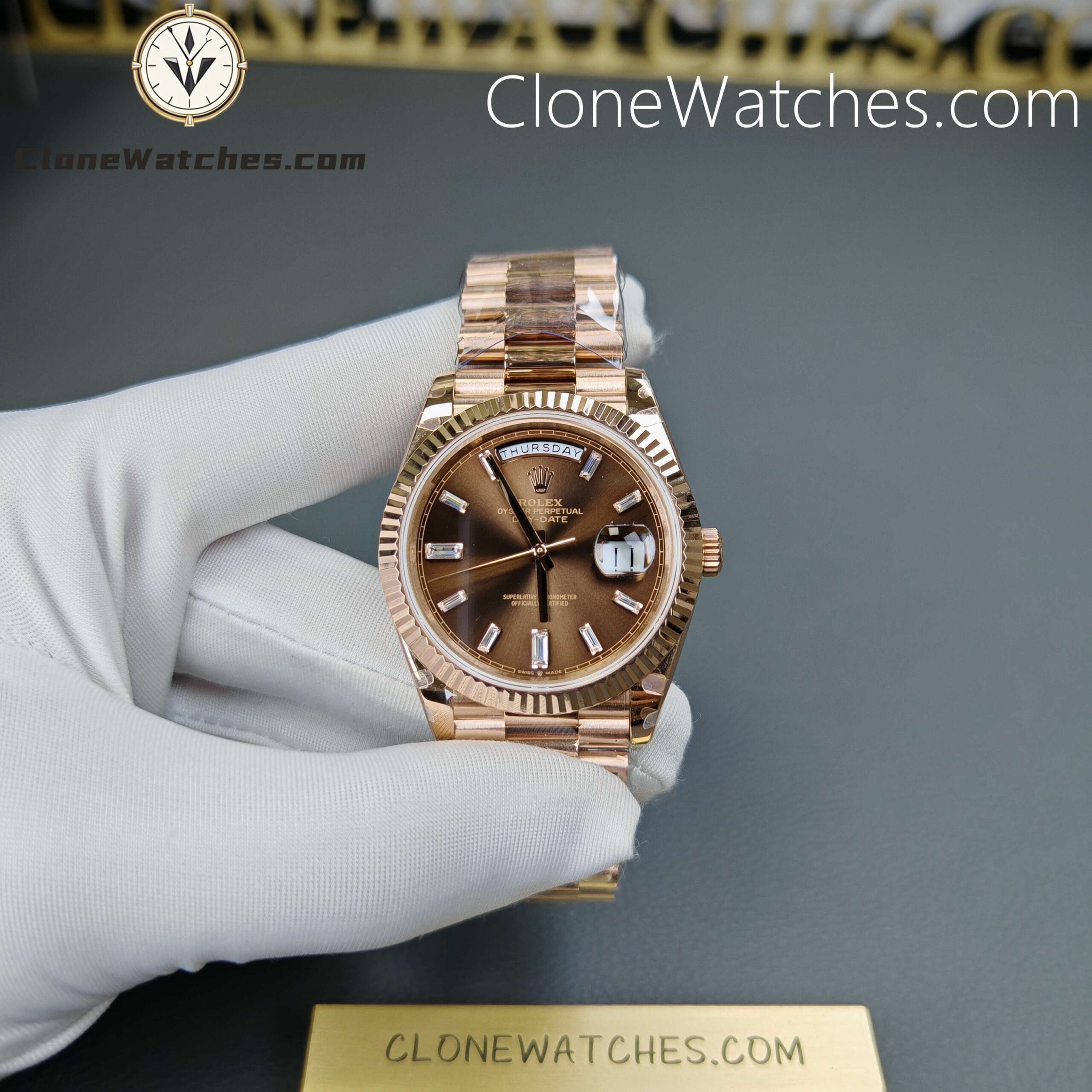Rolex Super Clone Watches 1:1 Day Date 18K Rose Gold Diamond Chocolate Dial 40mm m228235 3255 Movement