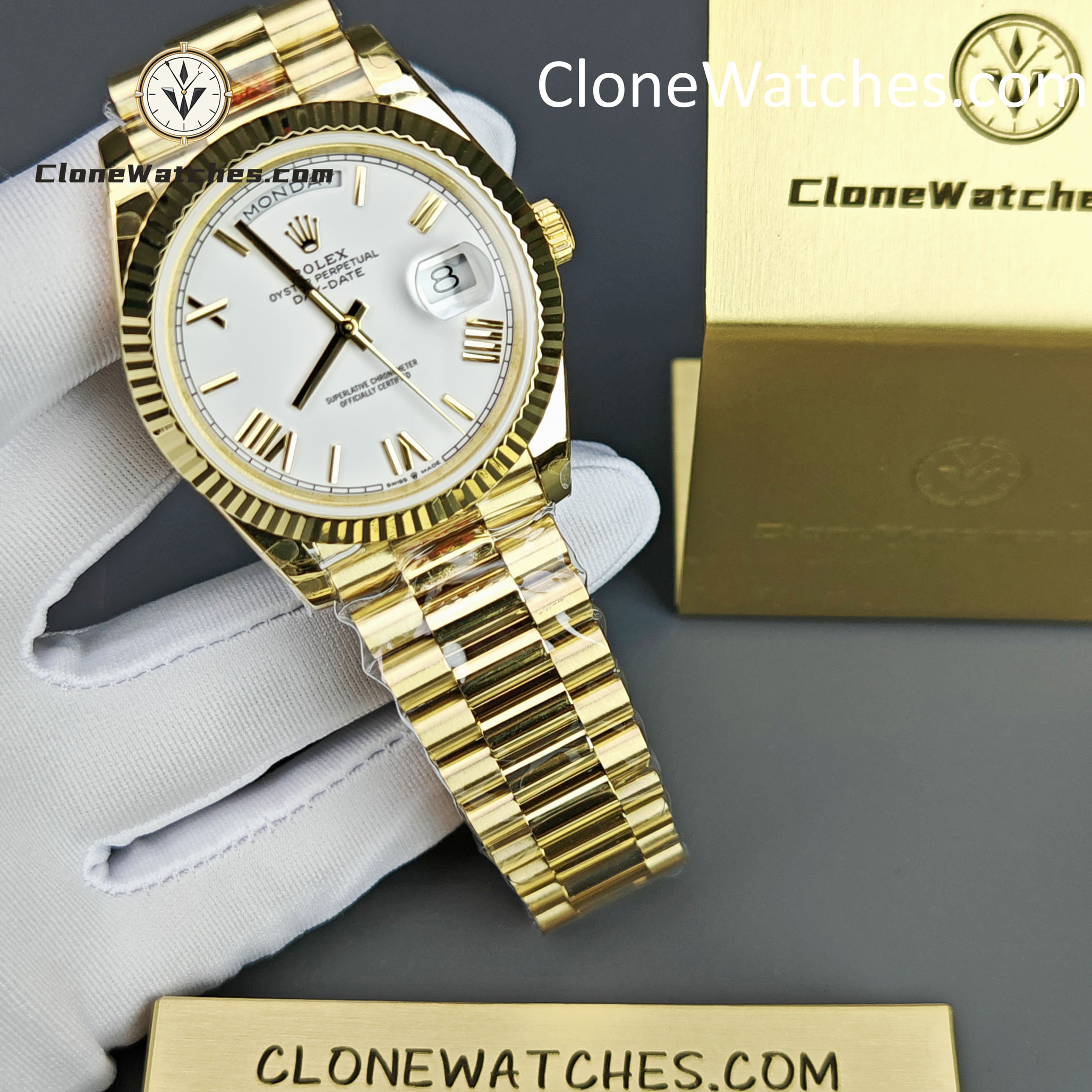 Rolex Super Clone Watches 1:1 Day Date 18K Gold White Dial 40mm m228238-0042 3255 Movement