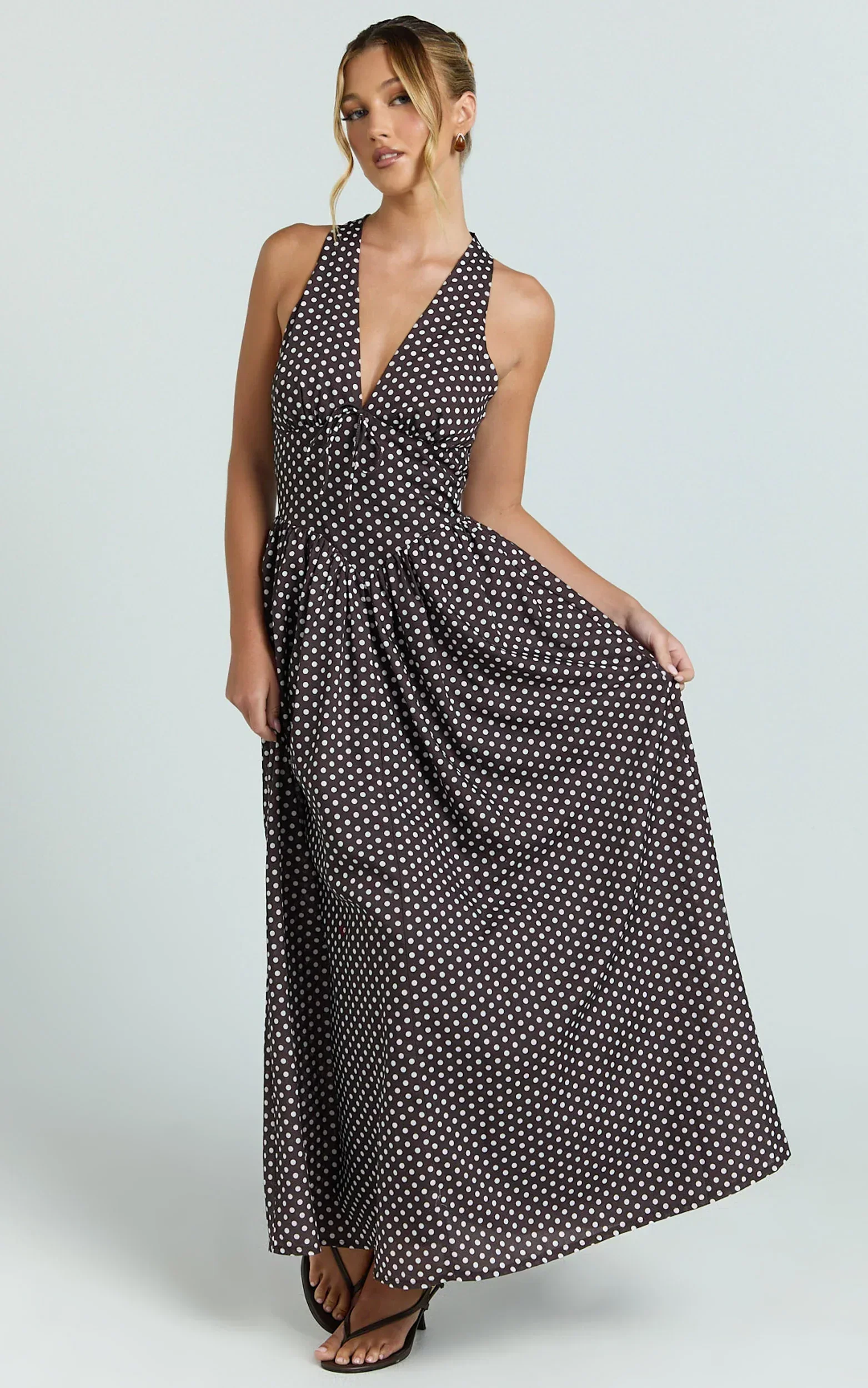 Abby Midi Dress - Neckline Dress in Chocolate Polkadot