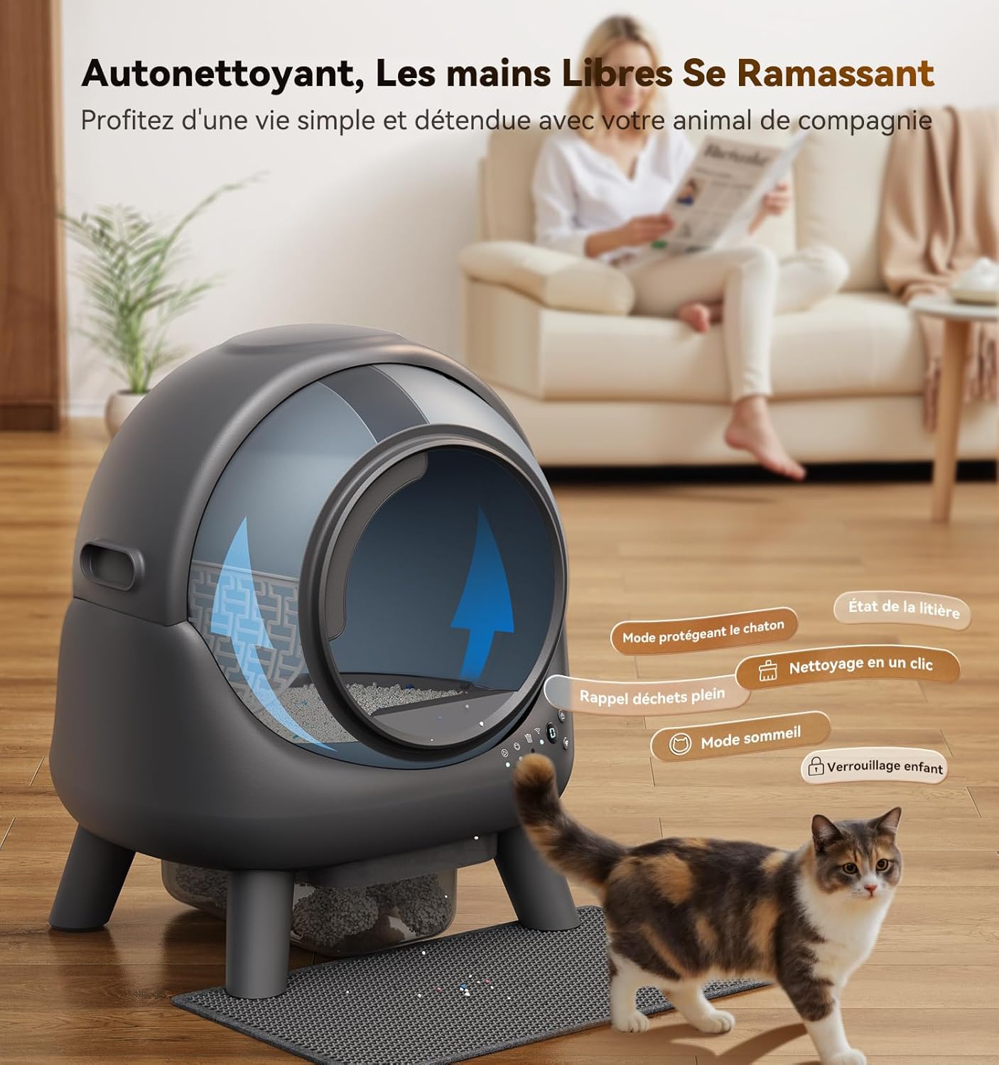 Litière chat autonettoyante 65 L anti fuites anti odeur contrôle appli