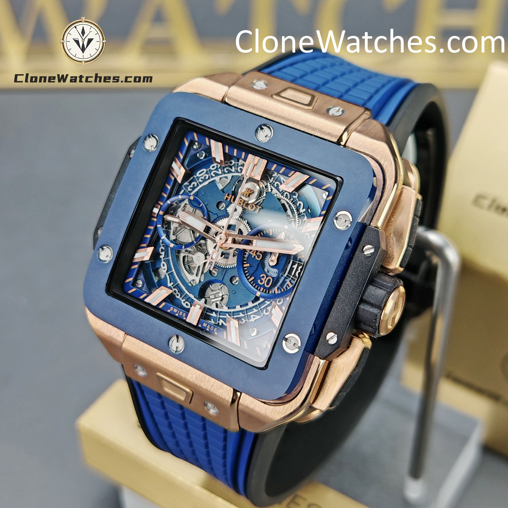 Hublot Super Clone Watches 1:1 Square Bang Unico King Gold Blue Ceramic 42MM 821.OL.5180.RX