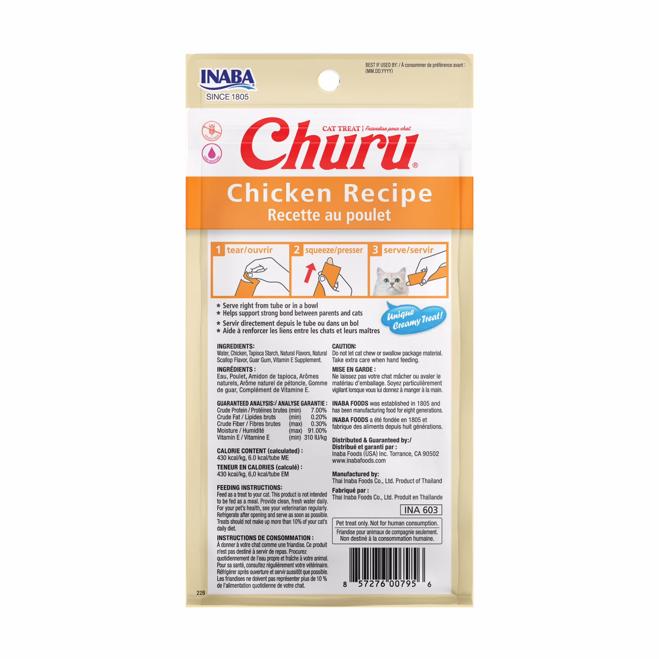 INABA Churu Cat Treats, Creamy Lickable Purée Cat Treat/Topper with Vitamin E, 0.5 Ounces Each Tube, 4 Tubes, Chicken Recipe
