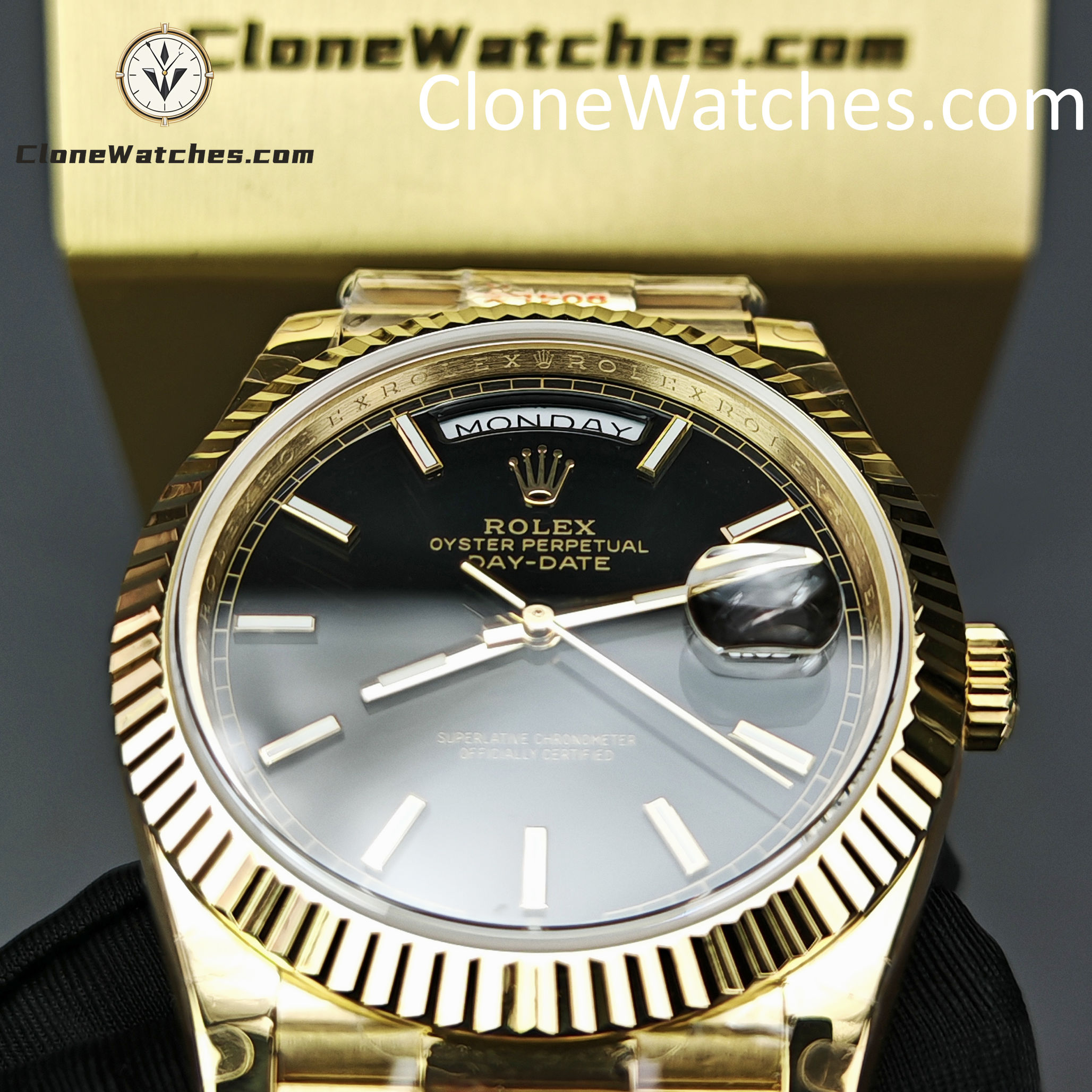 Rolex Super Clone Watches 1:1 Day Date 18K Gold Black Dial 40mm m228238-0067 3255 Movement