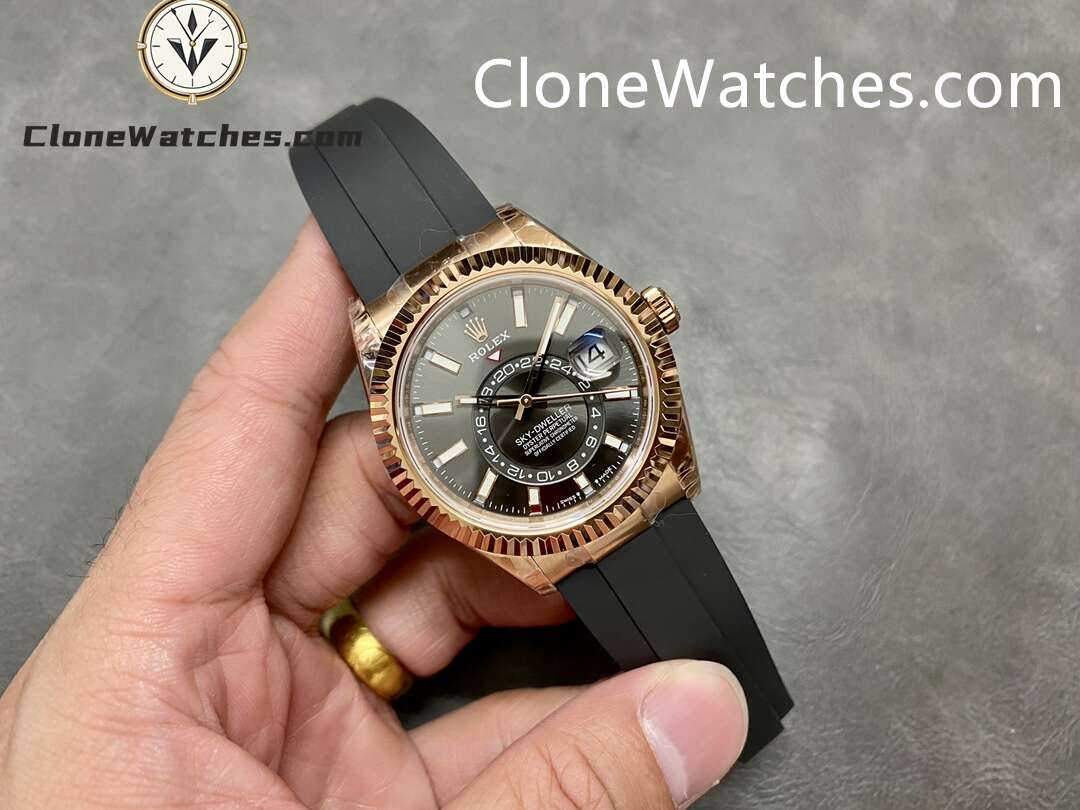 Rolex Super Clone Watch 1:1 Sky Dweller Rose Gold Black Dial m336235-0004 42MM Rubber Strap