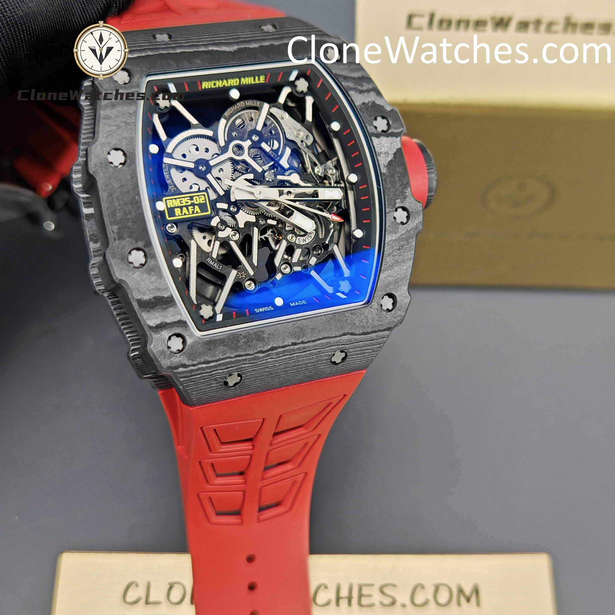 Richard Mille Super Clone Watches 1:1 RM 035 – 02 NTPT Carbon Fiber Red Rubber Strap