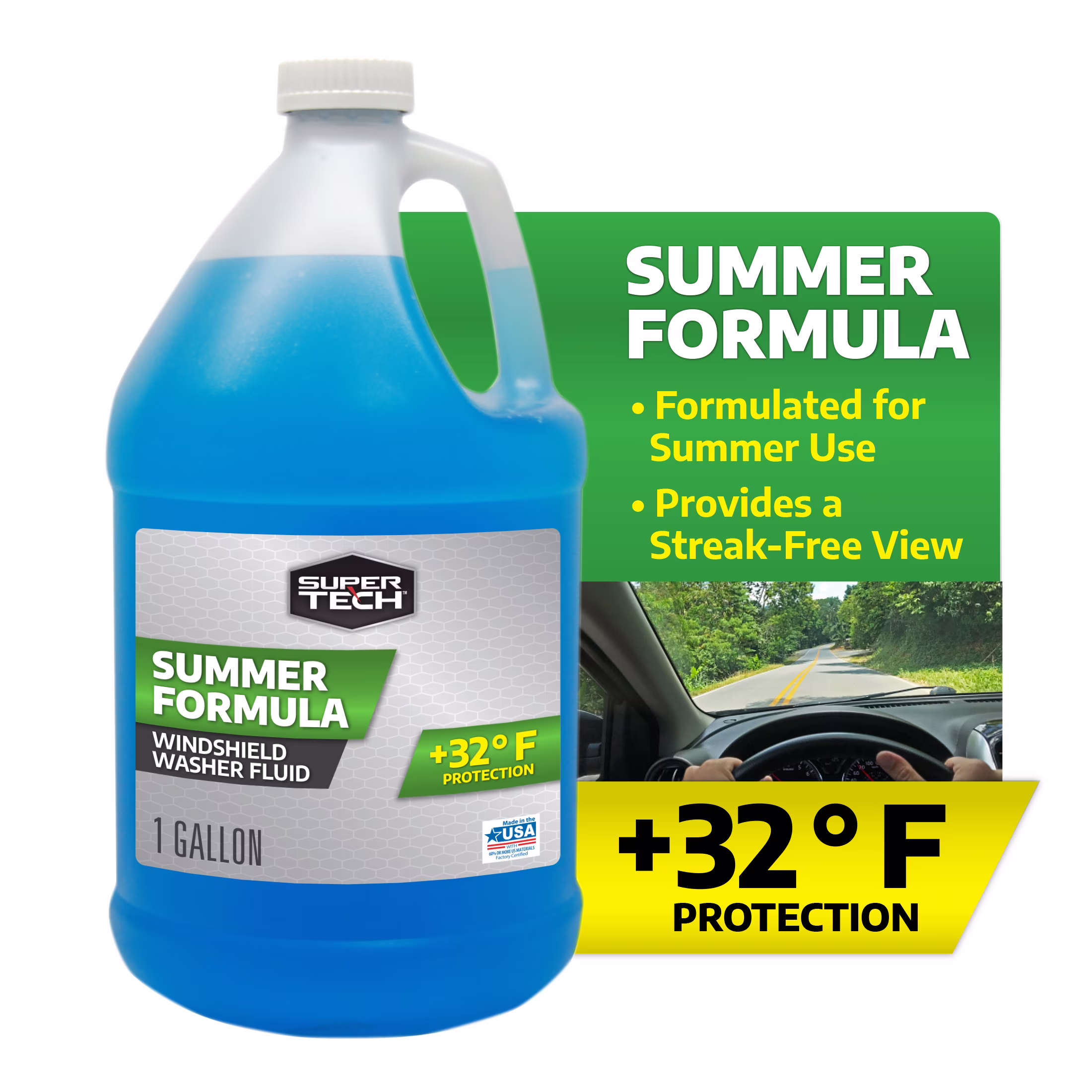 Super Tech Summer Formula +32F Windshield Washer Fluid for All Vehicle Types, 1 Gallon