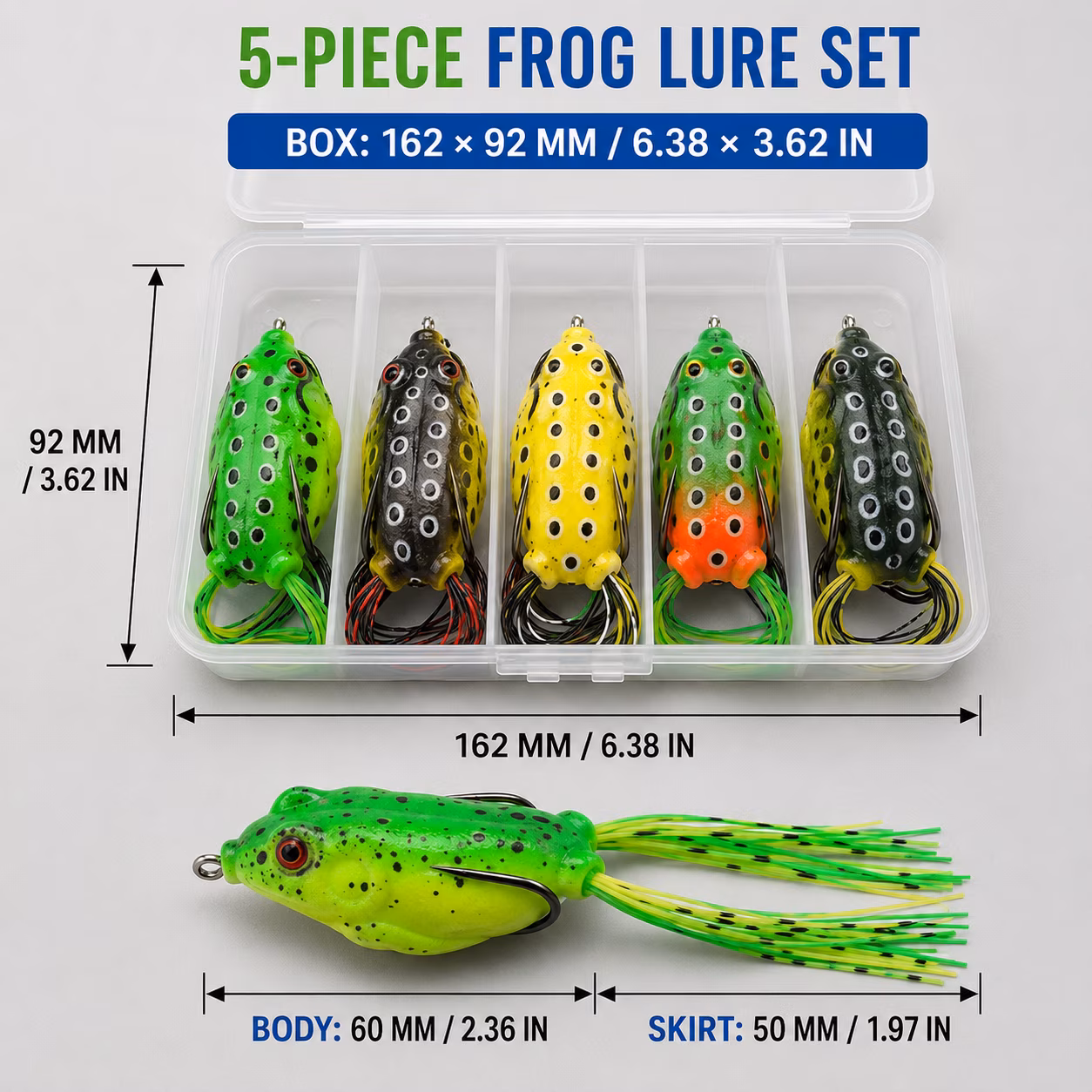 5-Piece Hollow Body Topwater Frog Fishing Lures Baits - Realistic Design Durable Saltwater-Friendly Sharp Hook, Freshwater Saltwater Bass Trout Fishing Angling & Tackle, 2.36in, Multicolor