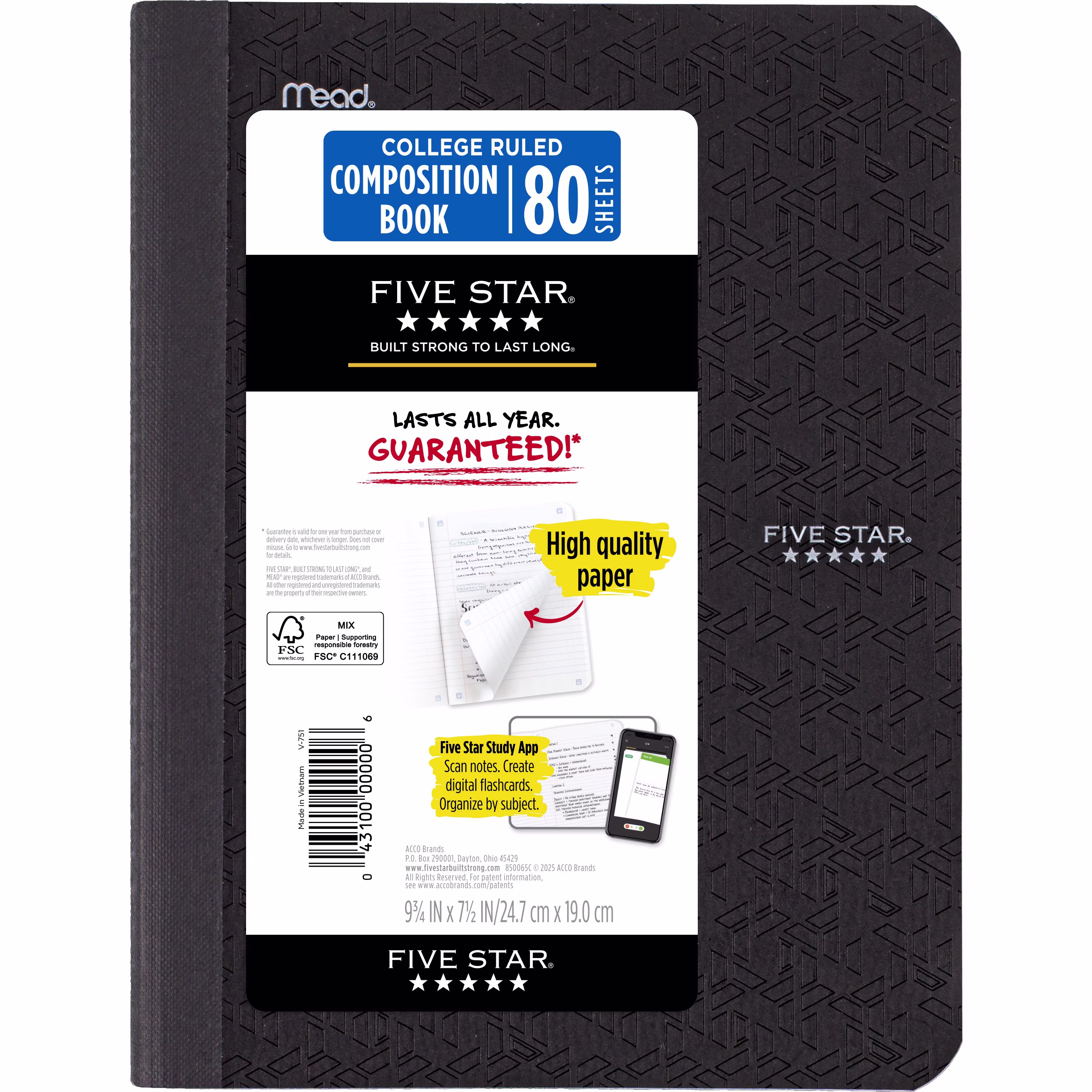 Five Star Composition Book Plus Study App, College Ruled, 80 Sheets, Poly, 7.5