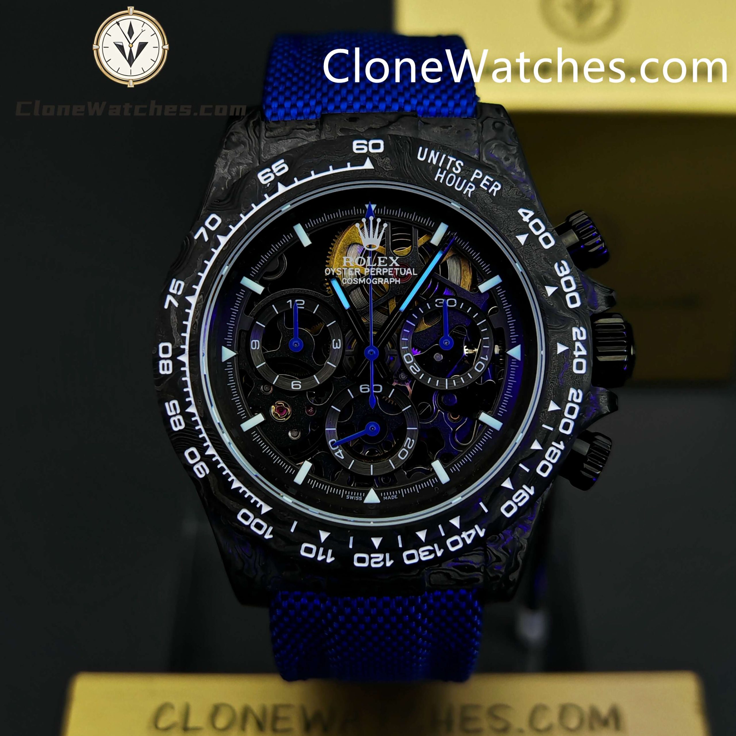 Modified Super Clone Watches 1:1 GET Rolex Daytona Skeleton Dial 4130 Movement Blue Strap