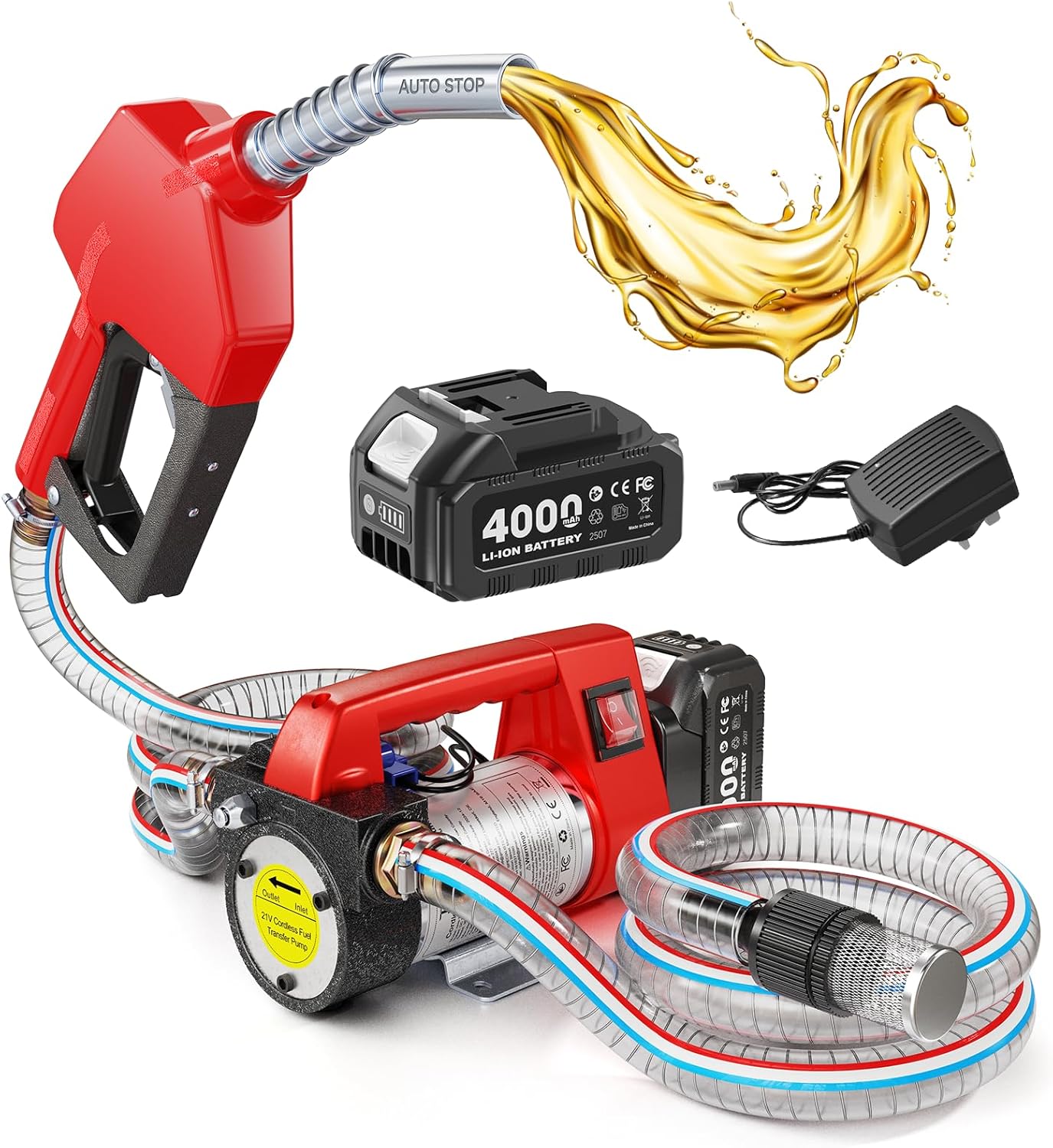 Pompe gasoil sans fil 45 L min batterie 21 V pistolet arrêt automatique