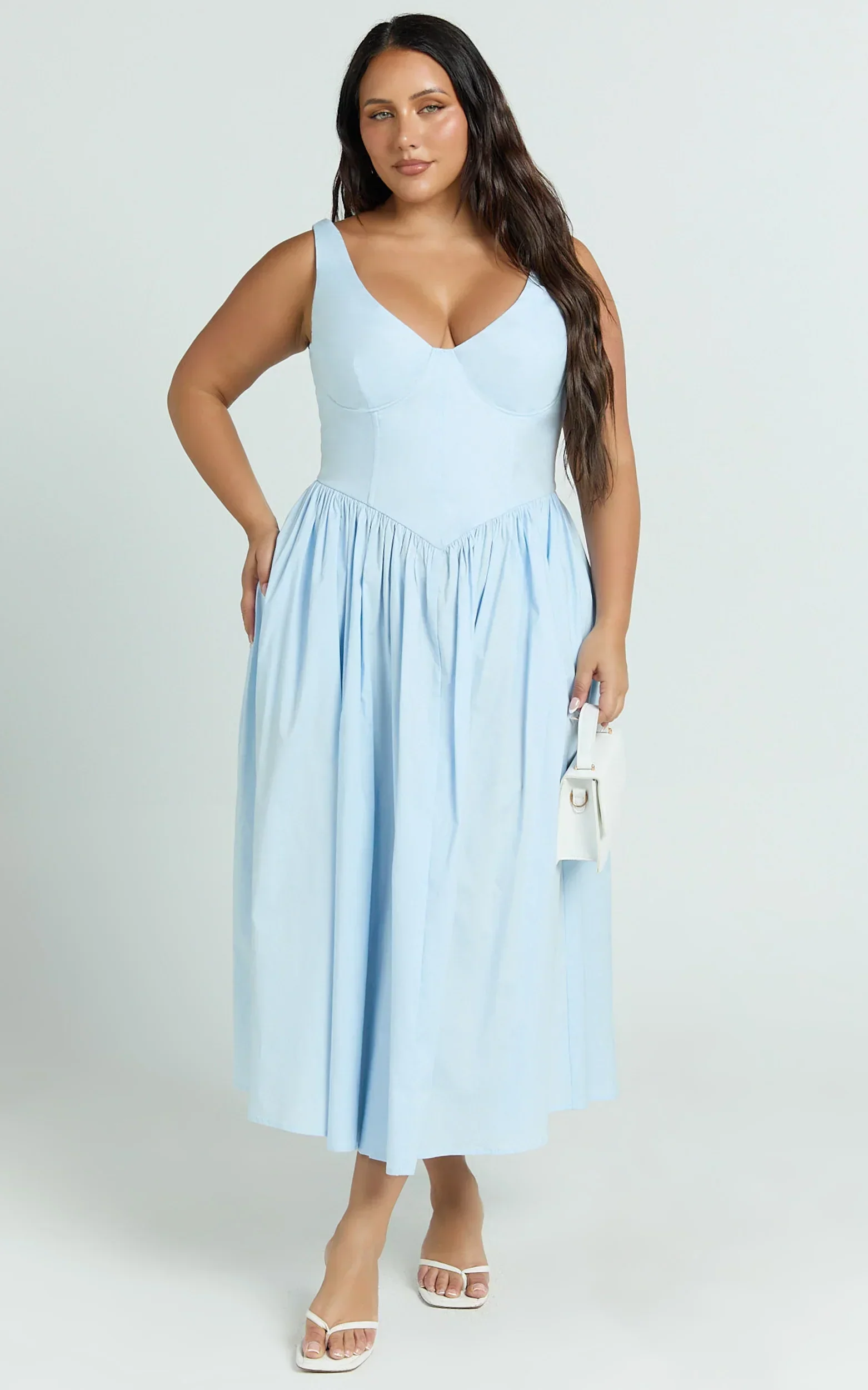 Beckett Midi Dress - Scoop Neck Drop V Waist Gathered Skirt Dress in Blue