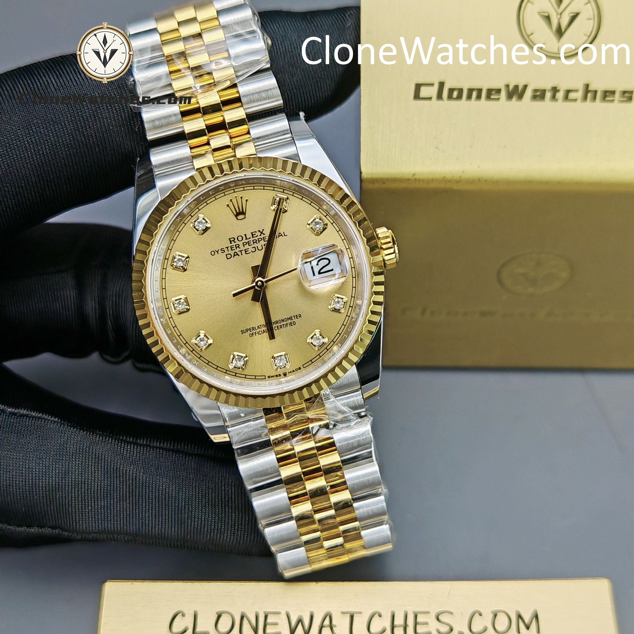 Rolex Super Clone Watches 1:1 DateJust Gold Diamond Dial m126233-0017 Jubilee 36MM 3235 Movement