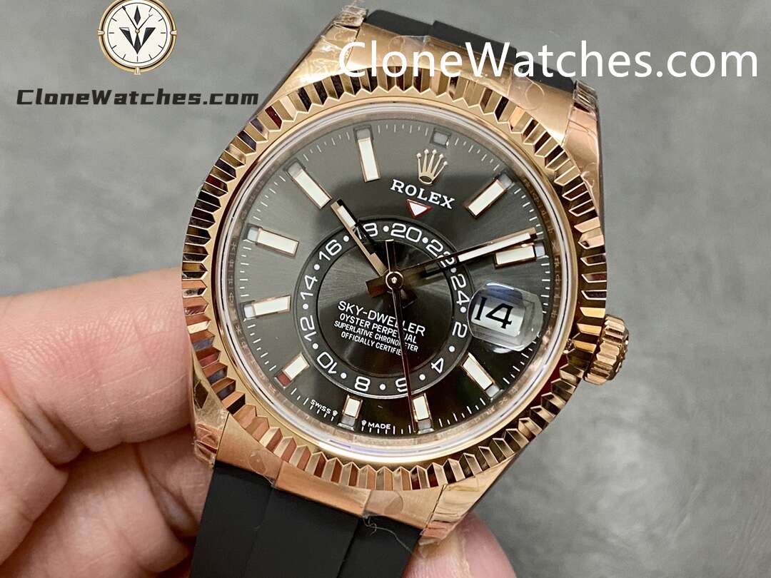 Rolex Super Clone Watch 1:1 Sky Dweller Rose Gold Black Dial m336235-0004 42MM Rubber Strap