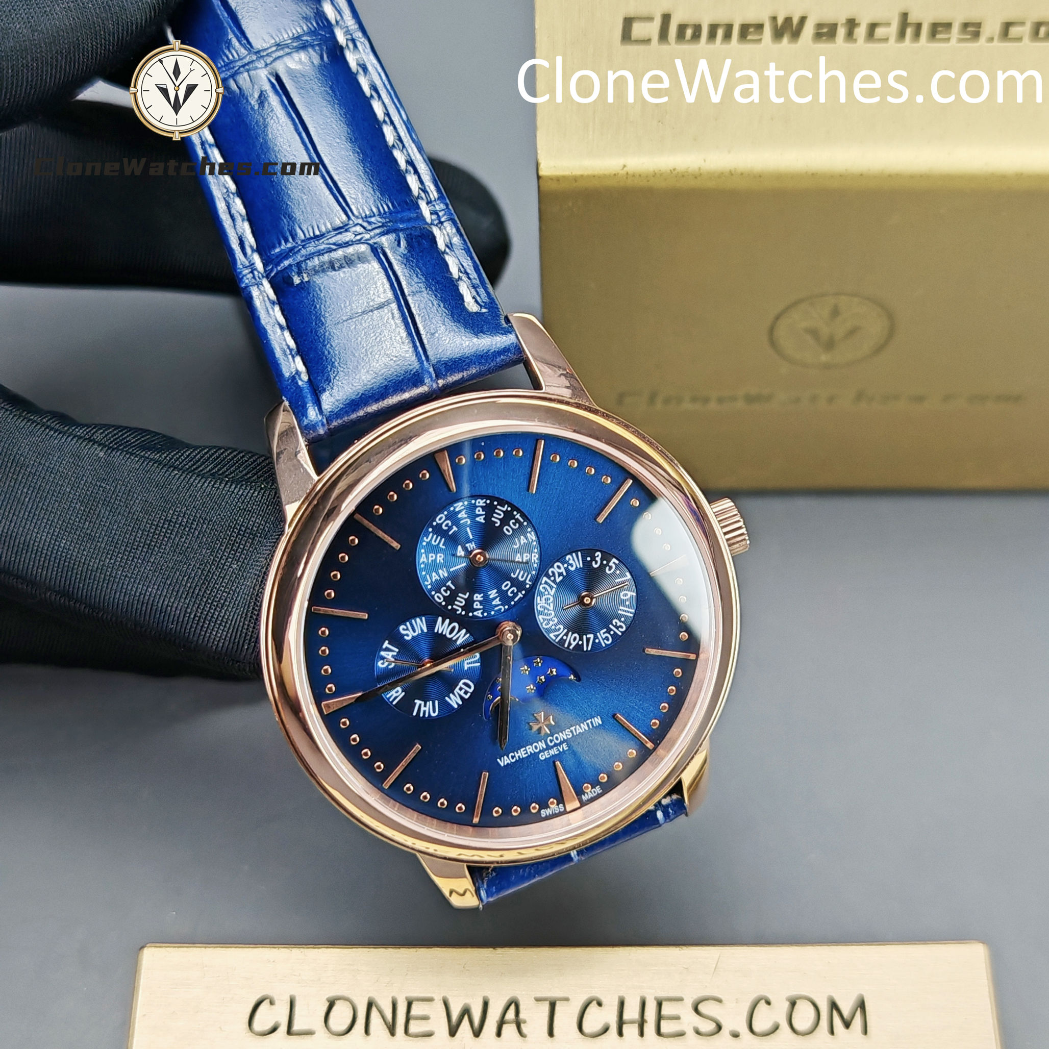 Vacheron Constantin Super Clone Watches 1:1 Patrimony Perpetual Calendar Rose Gold 43175/000R-B519 Blue Dial