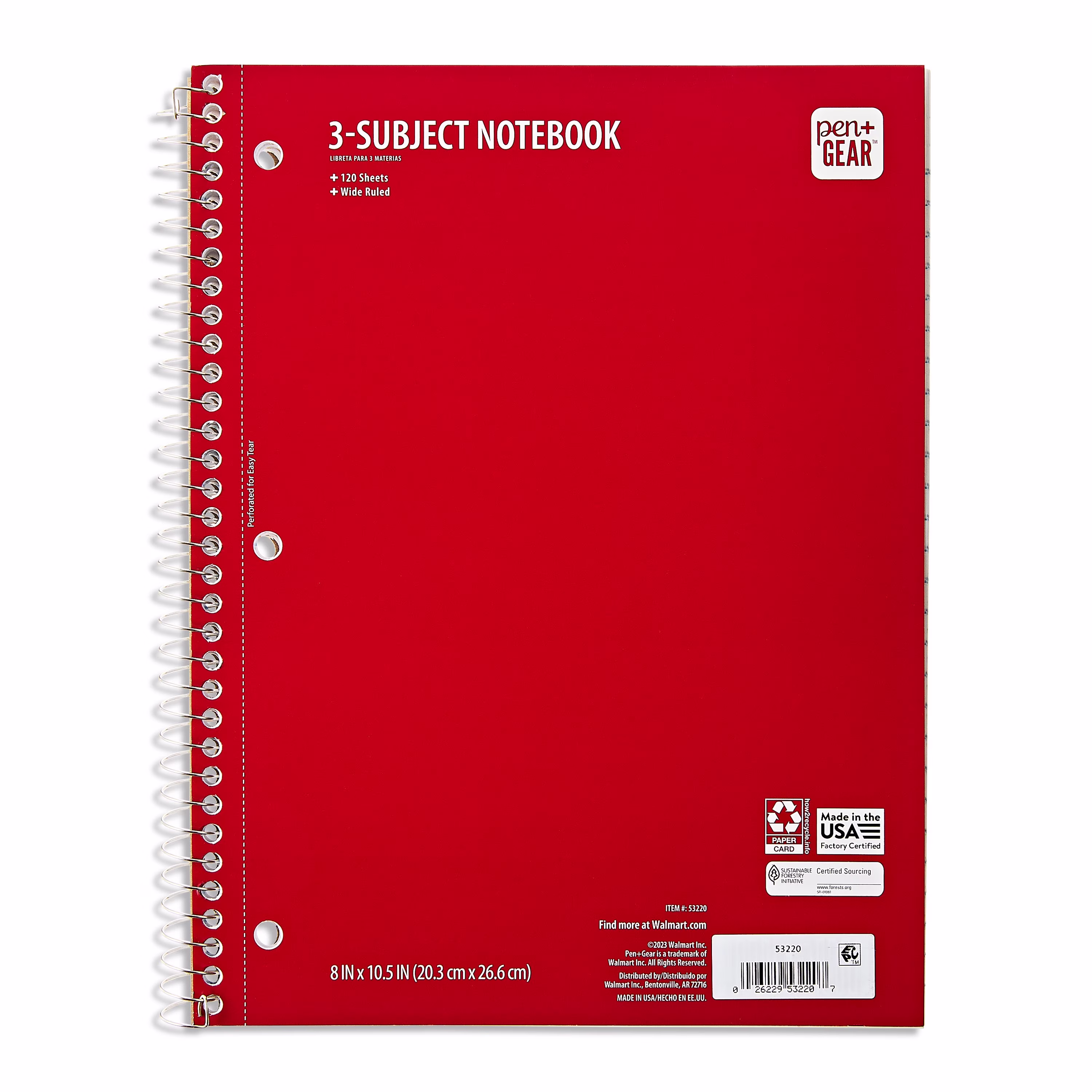 Pen+Gear Wide Ruled 3-Subject Notebook, 8 in x 10.5 in, Red, 120 Sheets